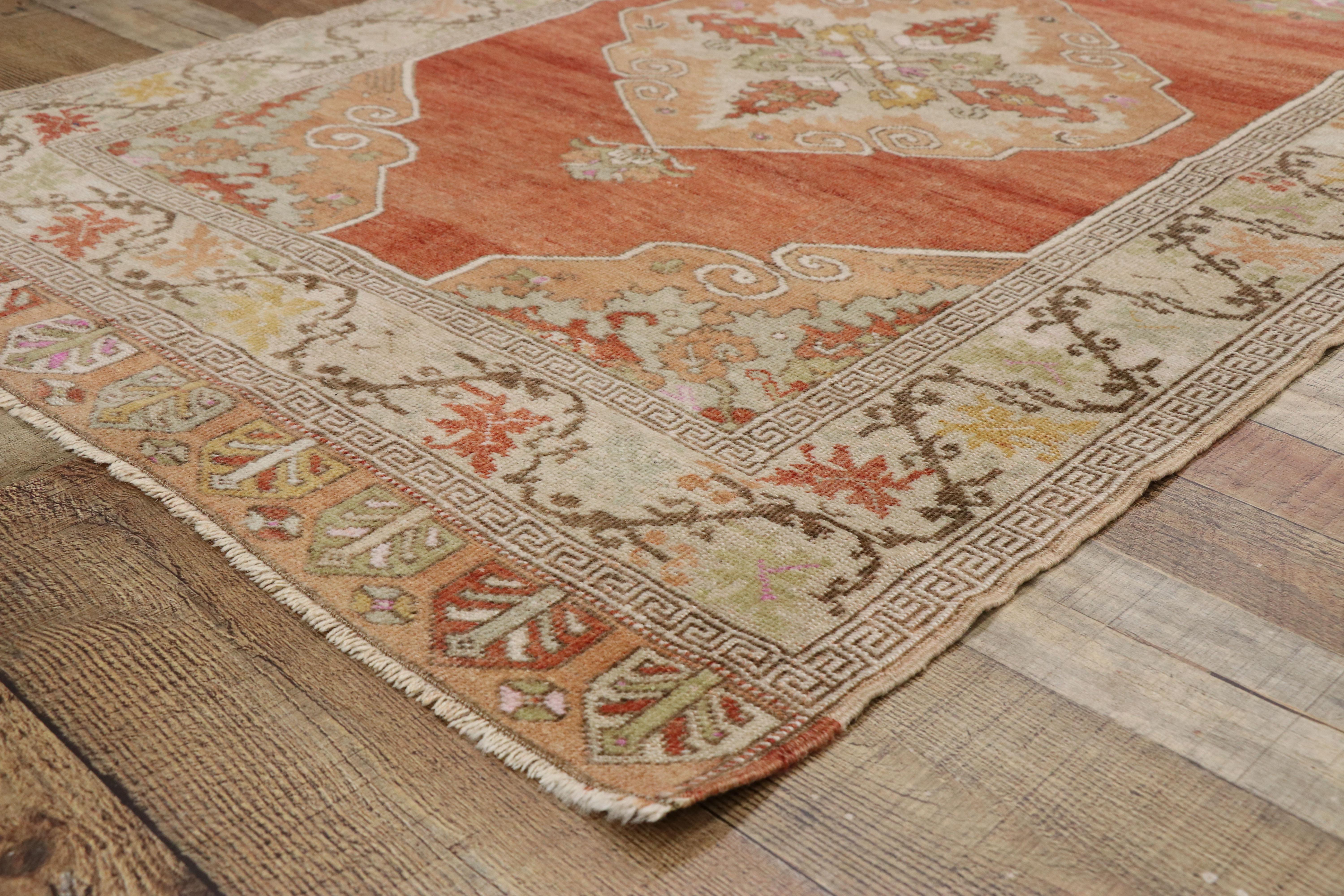 Wool Vintage Turkish Oushak Runner with Feminine Rustic Arts & Crafts Style For Sale