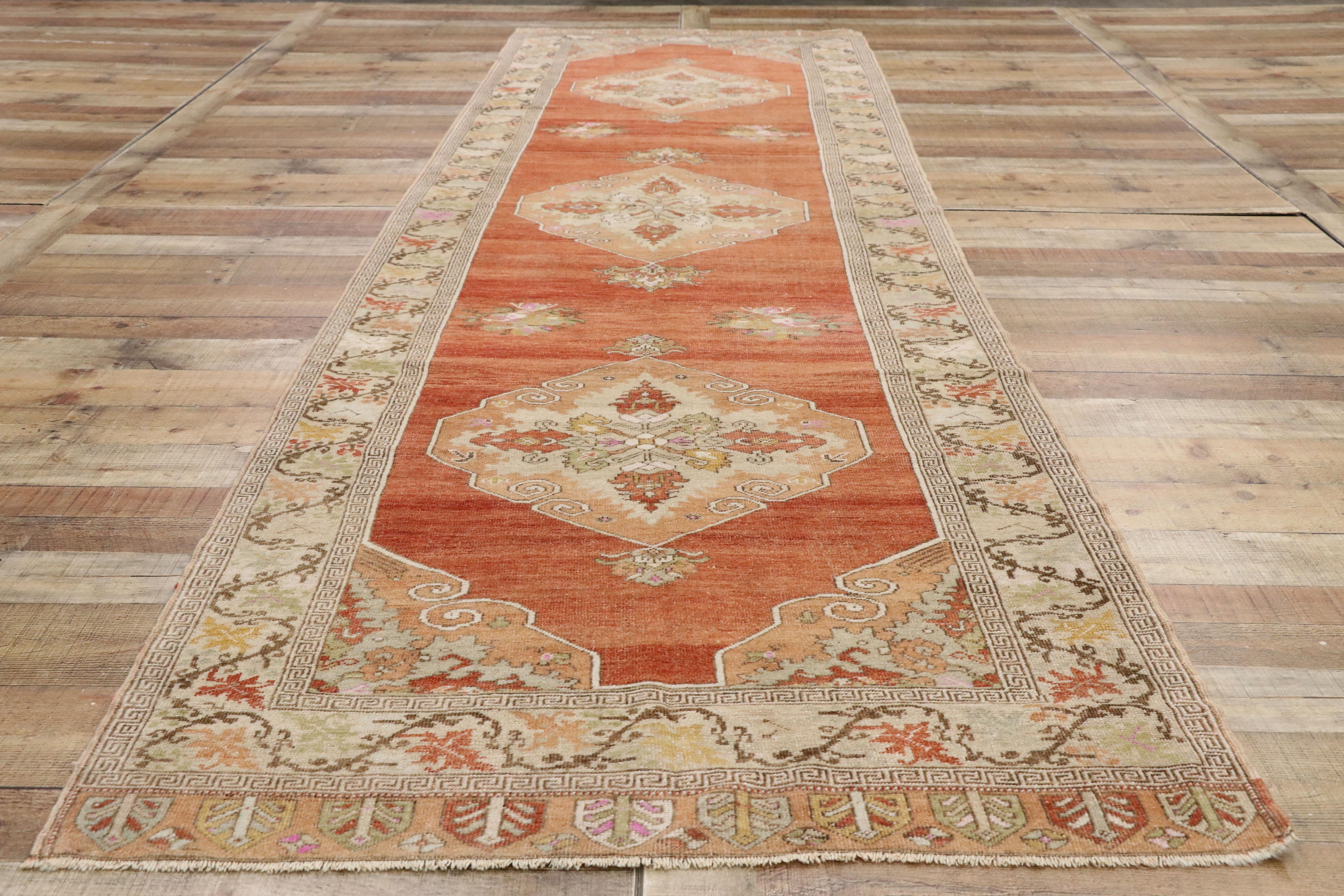 Vintage Turkish Oushak Runner with Feminine Rustic Arts & Crafts Style For Sale 1