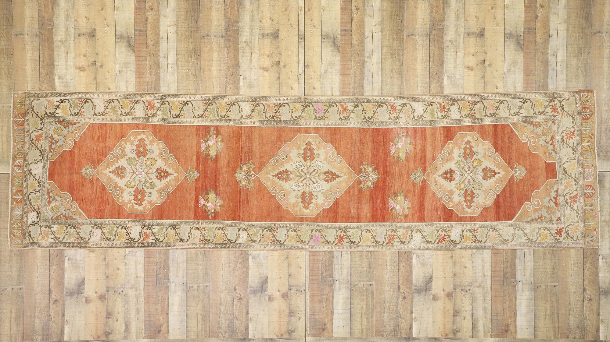 Vintage Turkish Oushak Runner with Feminine Rustic Arts & Crafts Style For Sale 2