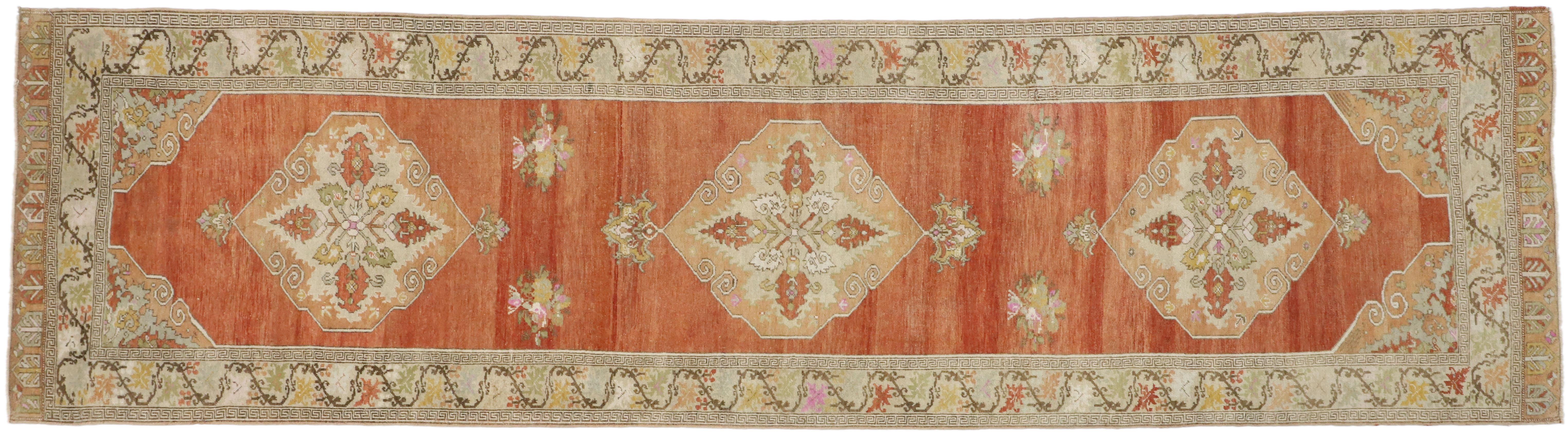 Vintage Turkish Oushak Runner with Feminine Rustic Arts & Crafts Style For Sale 3