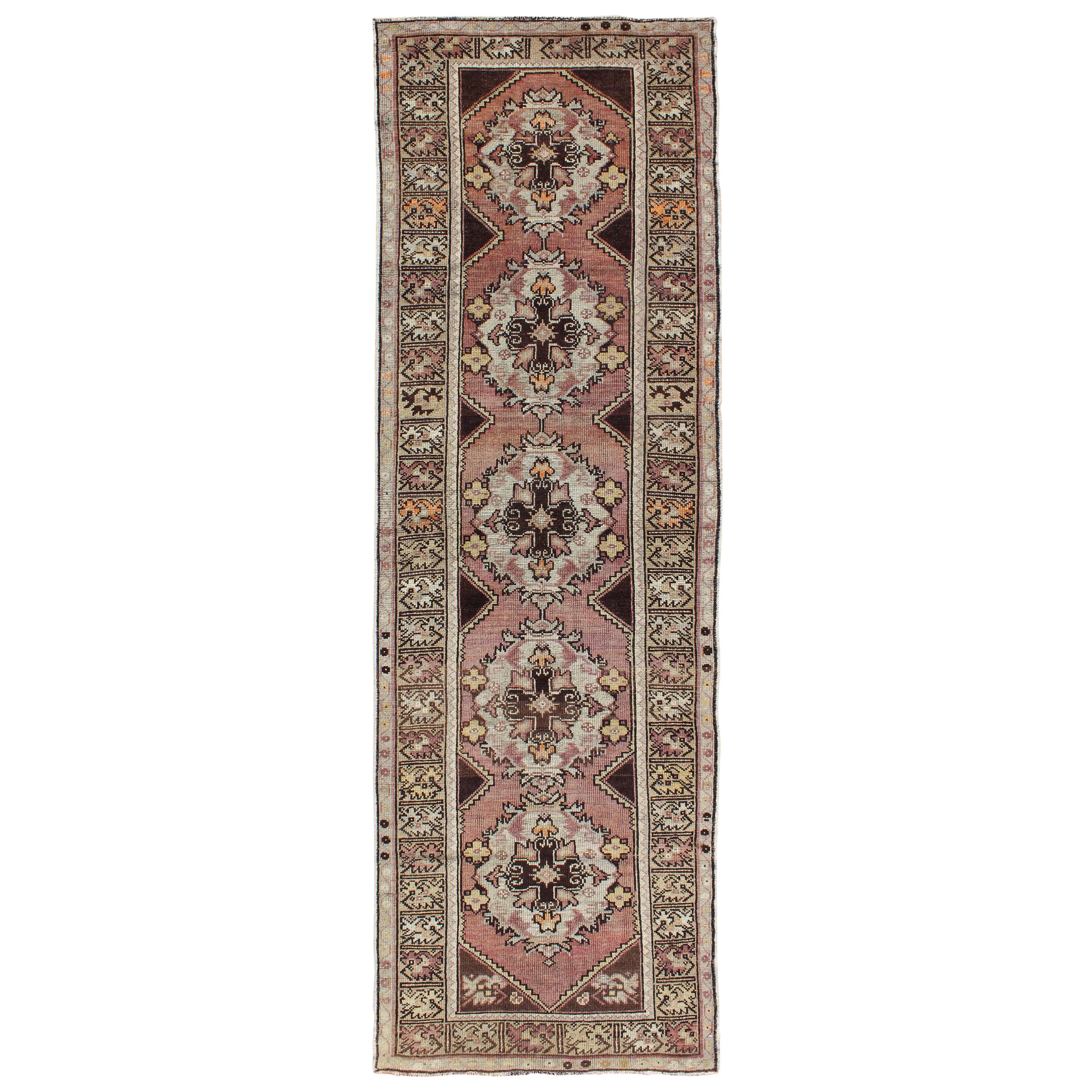 Vintage Turkish Oushak Runner with Floral Medallions in Brown Lavender and Taupe For Sale