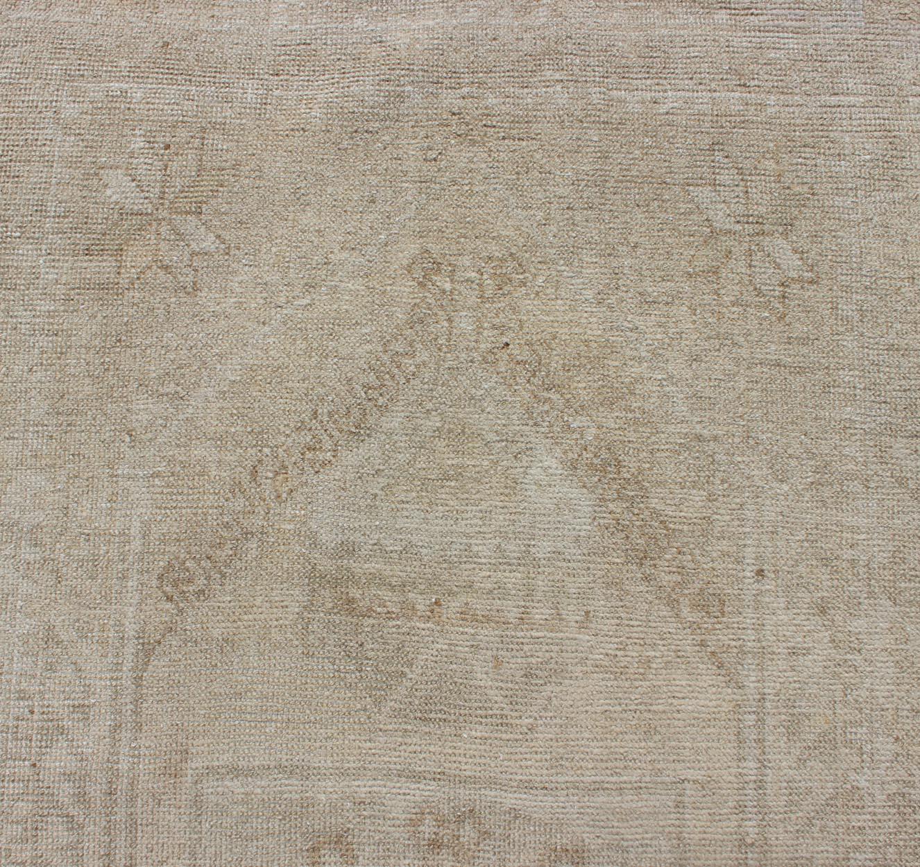 Wool Vintage Turkish Oushak Runner with Floral Medallions in Taupe and Sandy Color For Sale