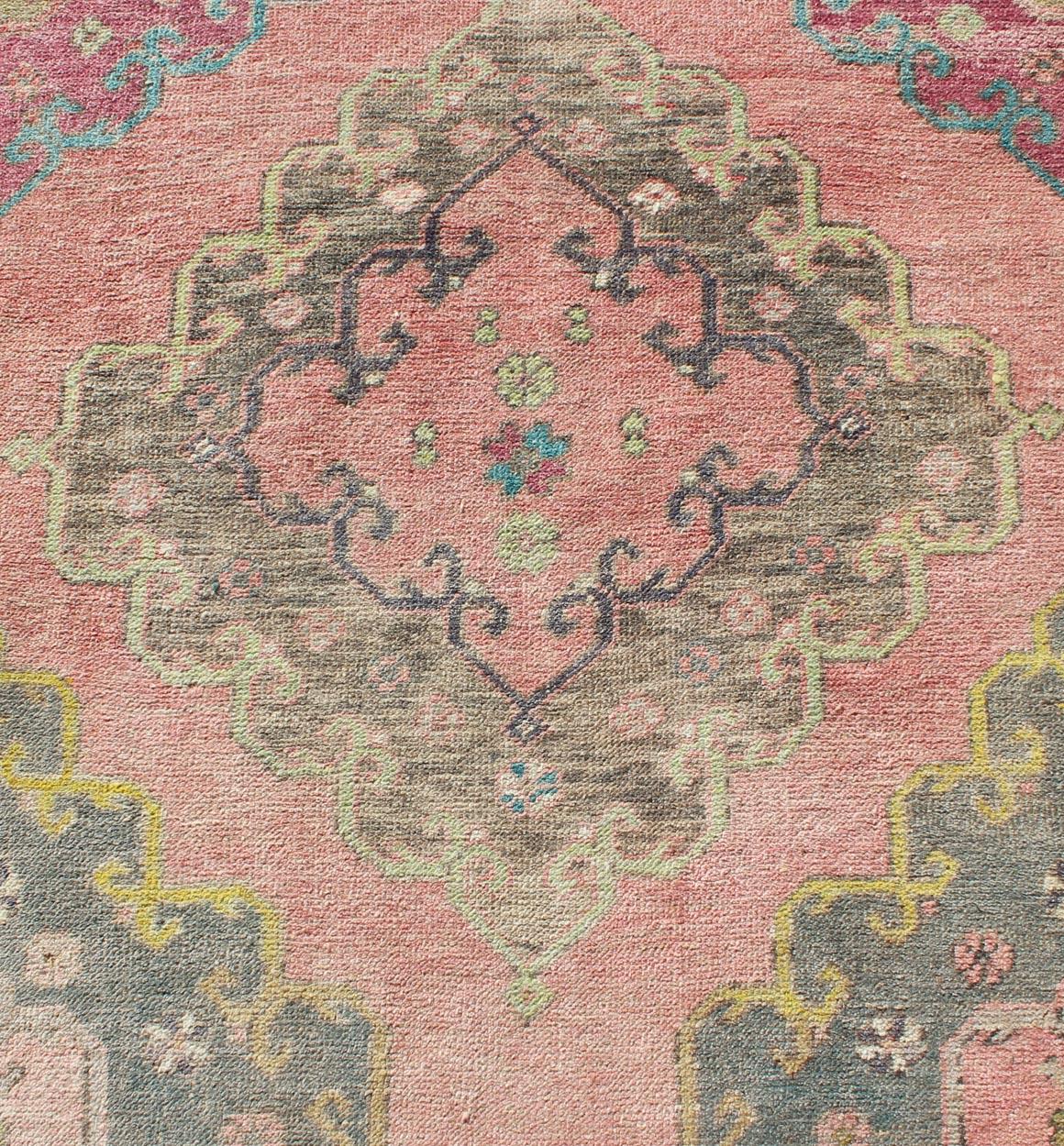 Colorful Vintage Hand Knotted Turkish Oushak Runner in Muted Tones For Sale 2