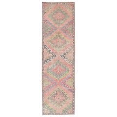 Colorful Vintage Hand Knotted Turkish Oushak Runner in Muted Tones