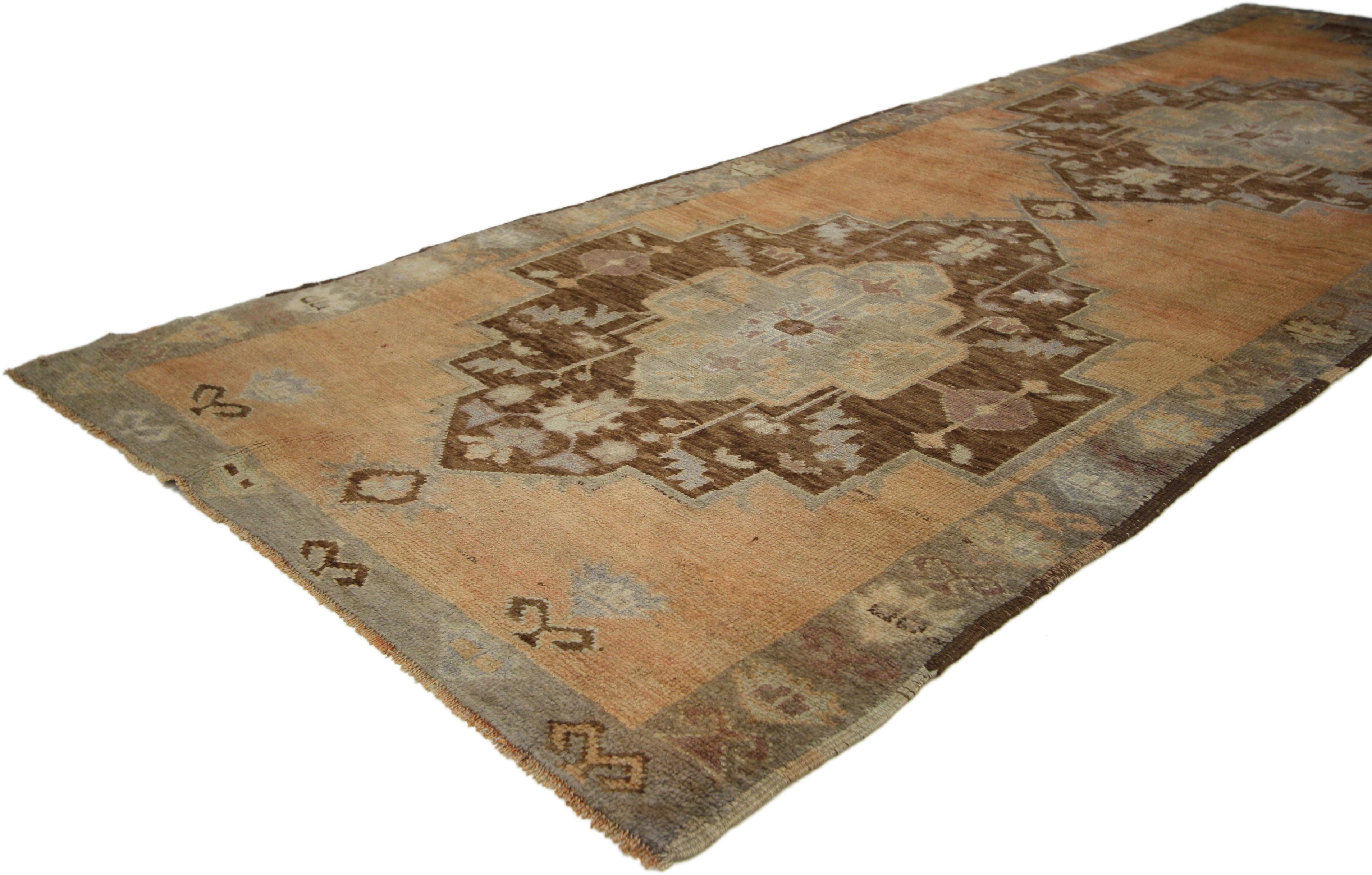Hand-Knotted Vintage Turkish Oushak Runner with Rustic French Provincial Style