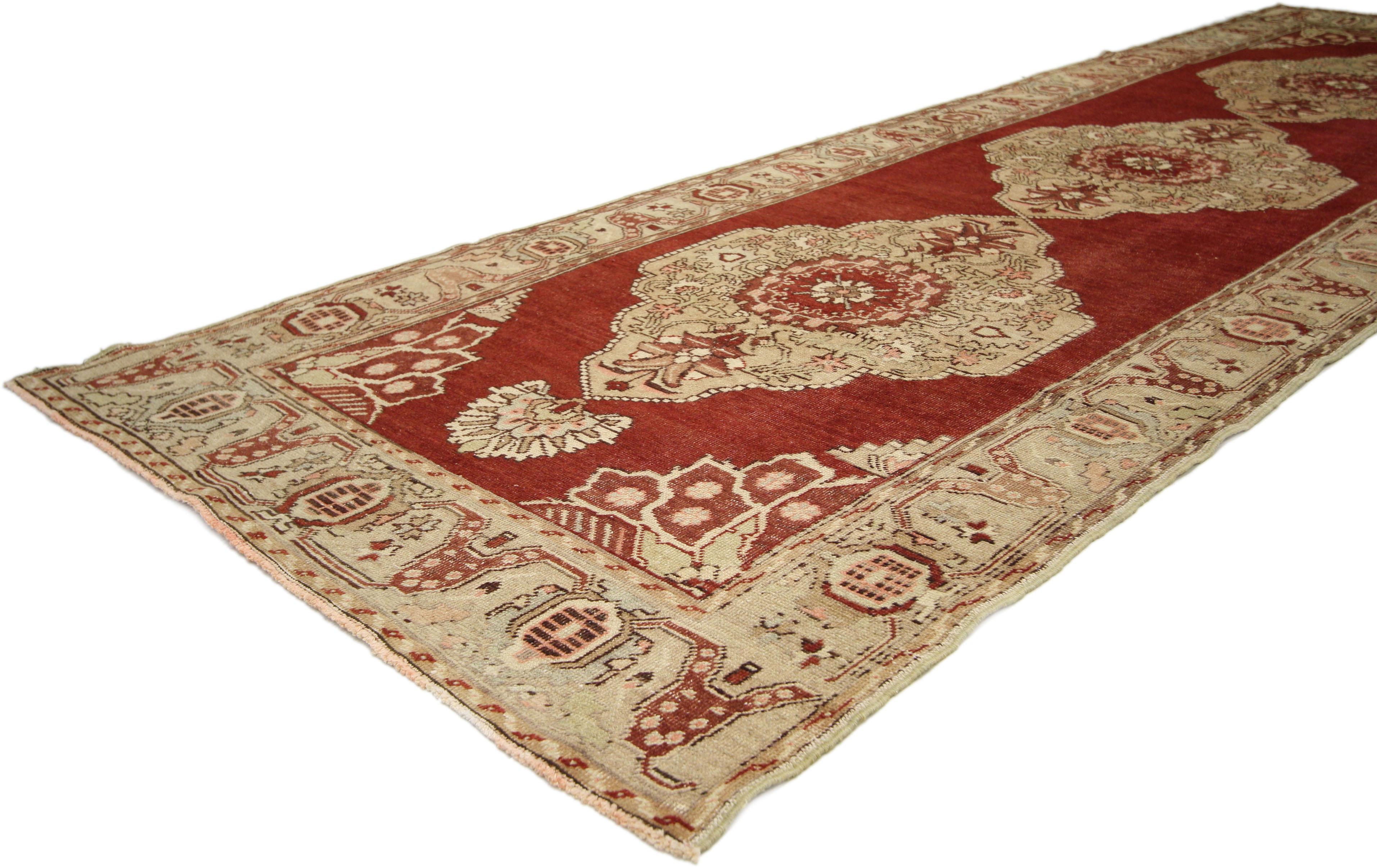 Hand-Knotted Vintage Turkish Oushak Runner with French Country Style, Hallway Runner For Sale