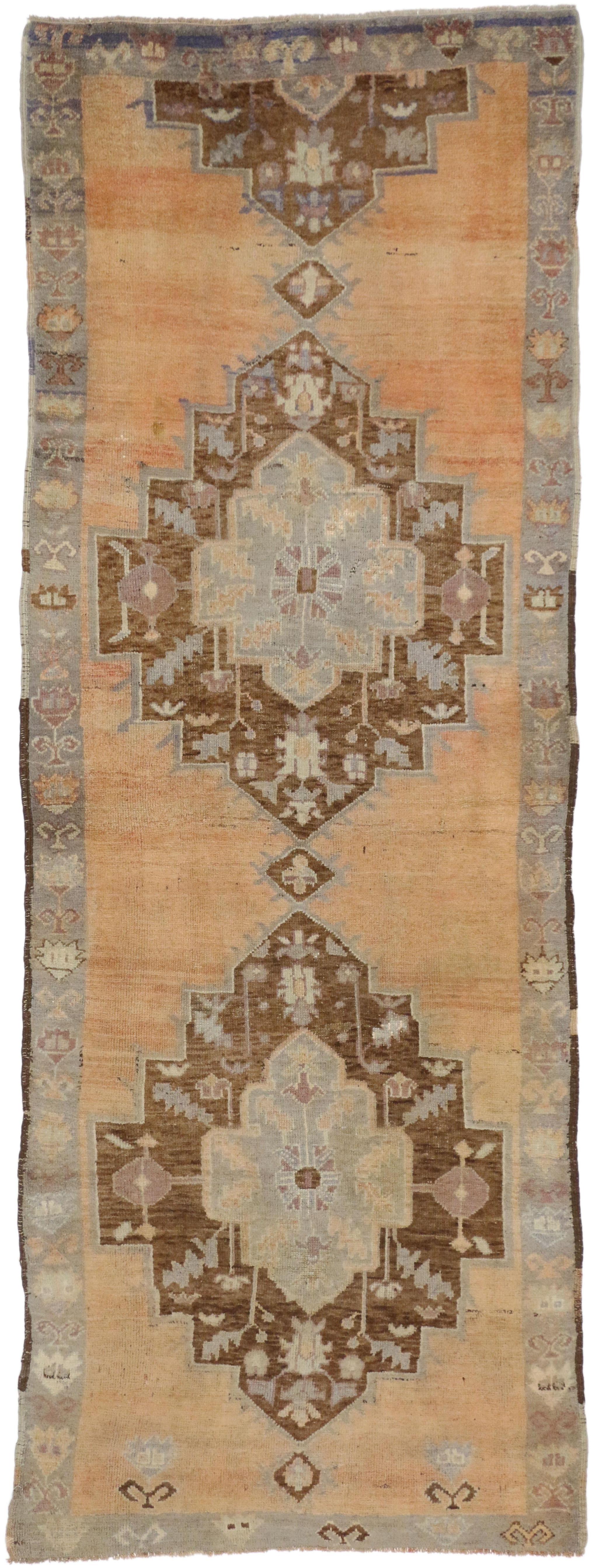 50260 Vintage Turkish Oushak Runner with Rustic French Provincial Style 03'06 x 09'10. Balancing great elegance and grace with warm pastel colors, this hand-knotted wool vintage Turkish Oushak runner beautifully embodies a French Provincial style
