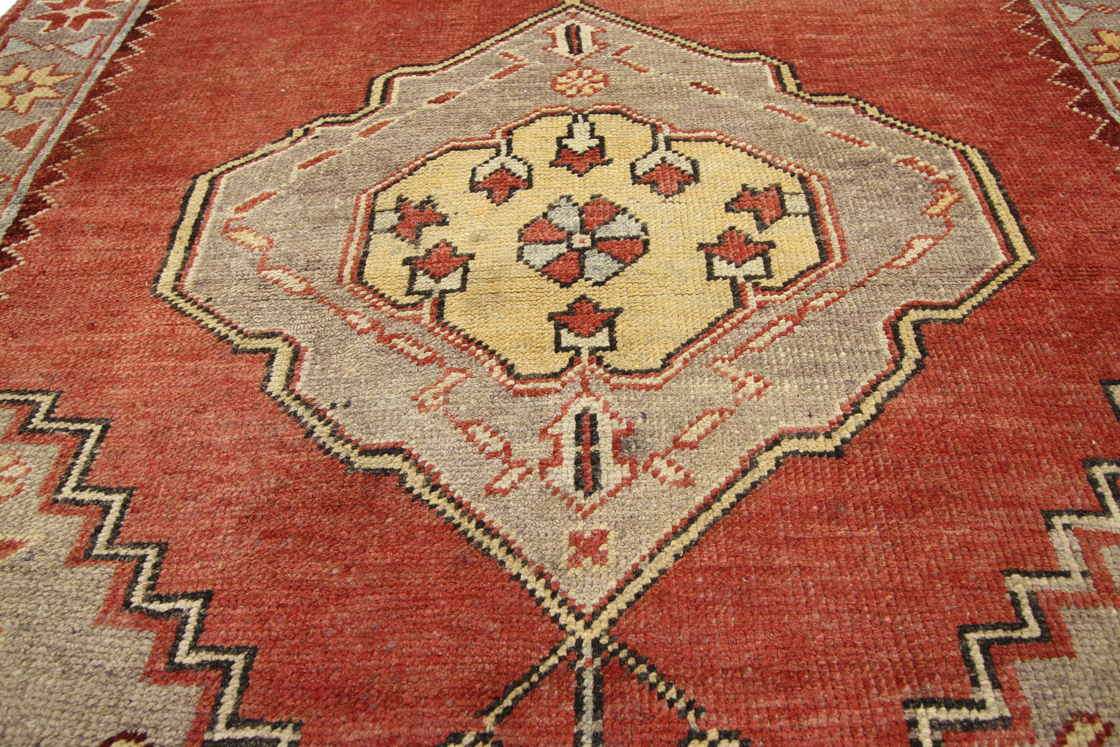 73891, vintage Turkish Oushak runner with French Provincial style, wide hallway runner. This hand knotted wool vintage Turkish Oushak runner features three connected scalloped hexagonal medallions with floral pendants spread across an abrashed brick