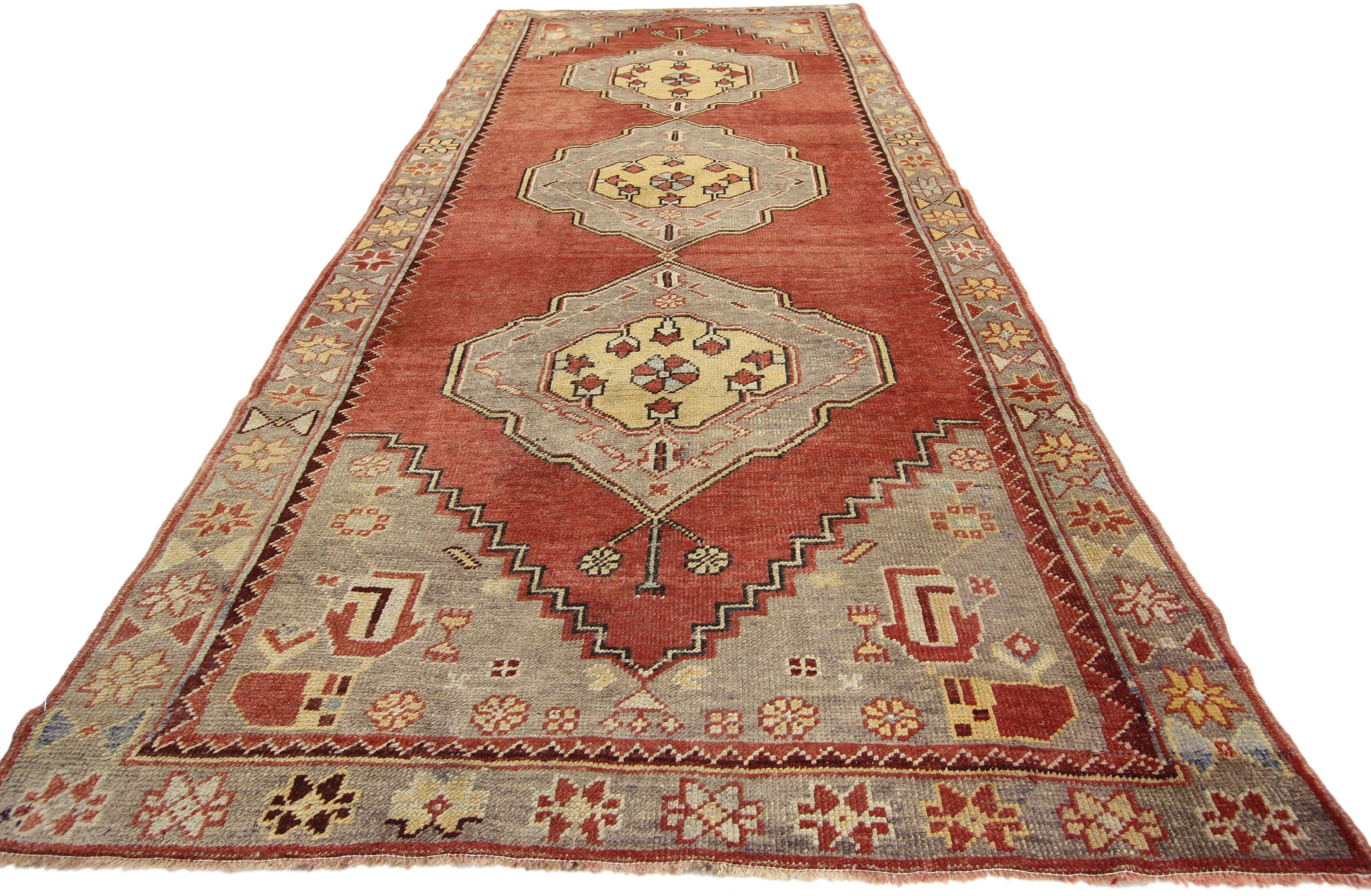 Hand-Knotted Vintage Turkish Oushak Runner with French Provincial Style, Wide Hallway Runner For Sale