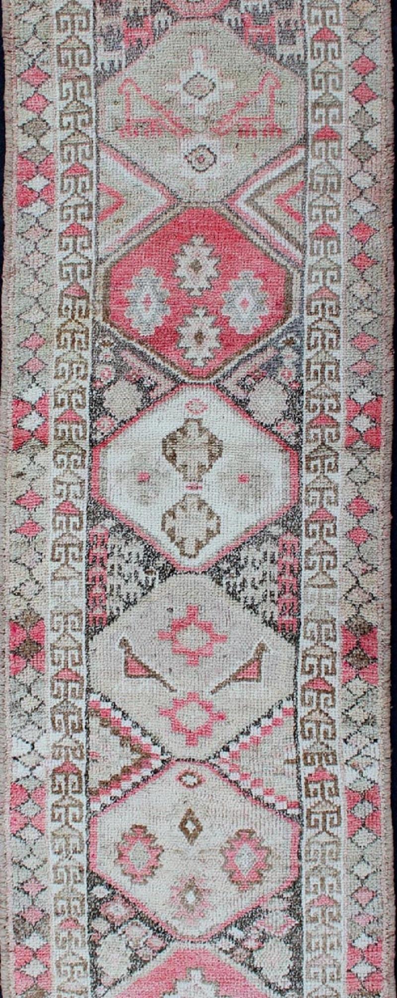 Hand-Knotted Vintage Turkish Oushak Runner with Geometric Design in Charcoal, Pink, L.Green For Sale