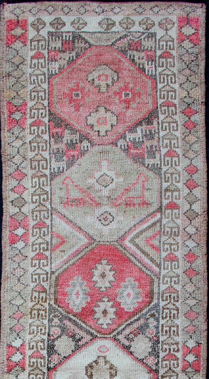 Vintage Turkish Oushak Runner with Geometric Design in Charcoal, Pink, L.Green In Good Condition For Sale In Atlanta, GA