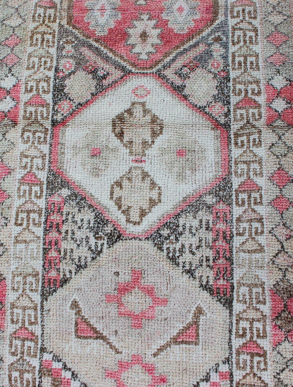 Wool Vintage Turkish Oushak Runner with Geometric Design in Charcoal, Pink, L.Green For Sale