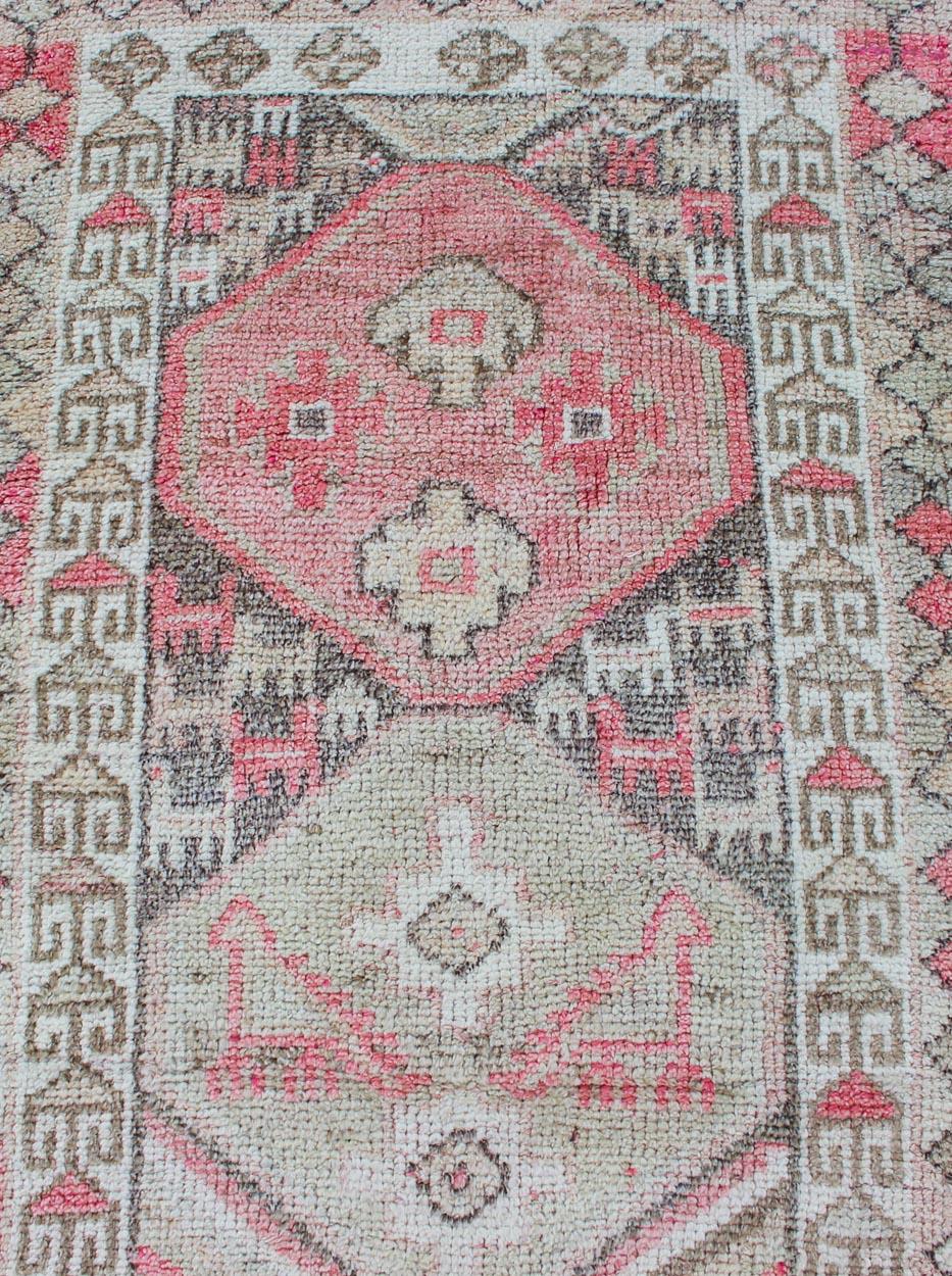 Vintage Turkish Oushak Runner with Geometric Design in Charcoal, Pink, L.Green For Sale 1
