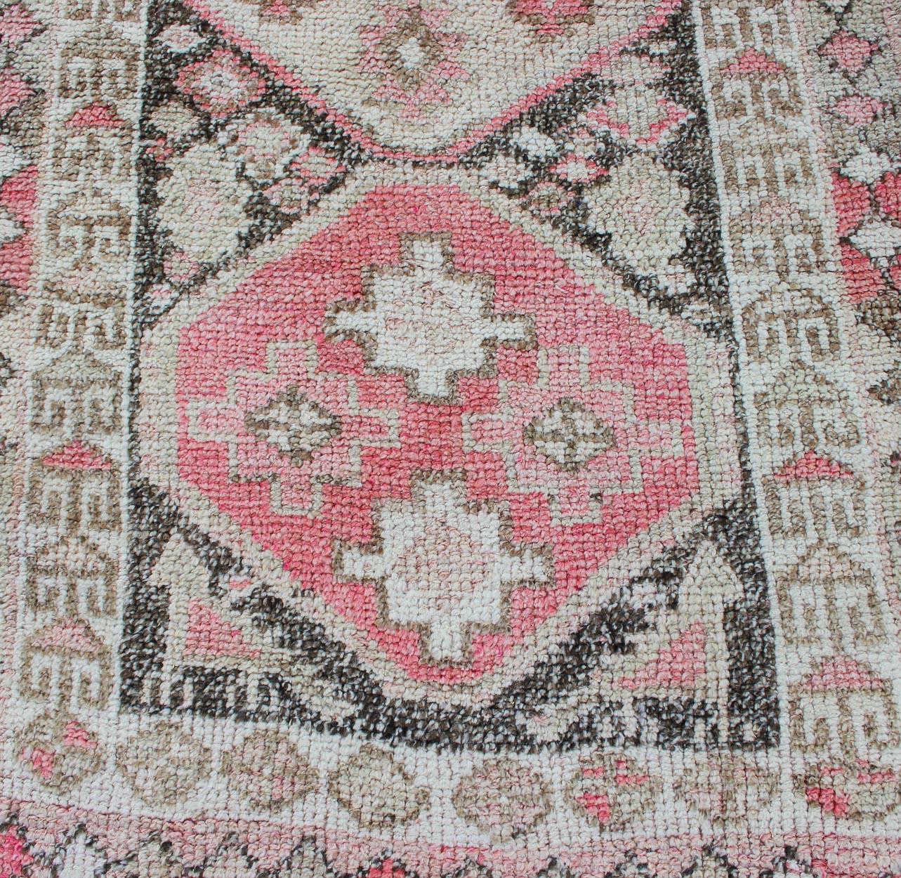 Vintage Turkish Oushak Runner with Geometric Design in Charcoal, Pink, L.Green For Sale 2