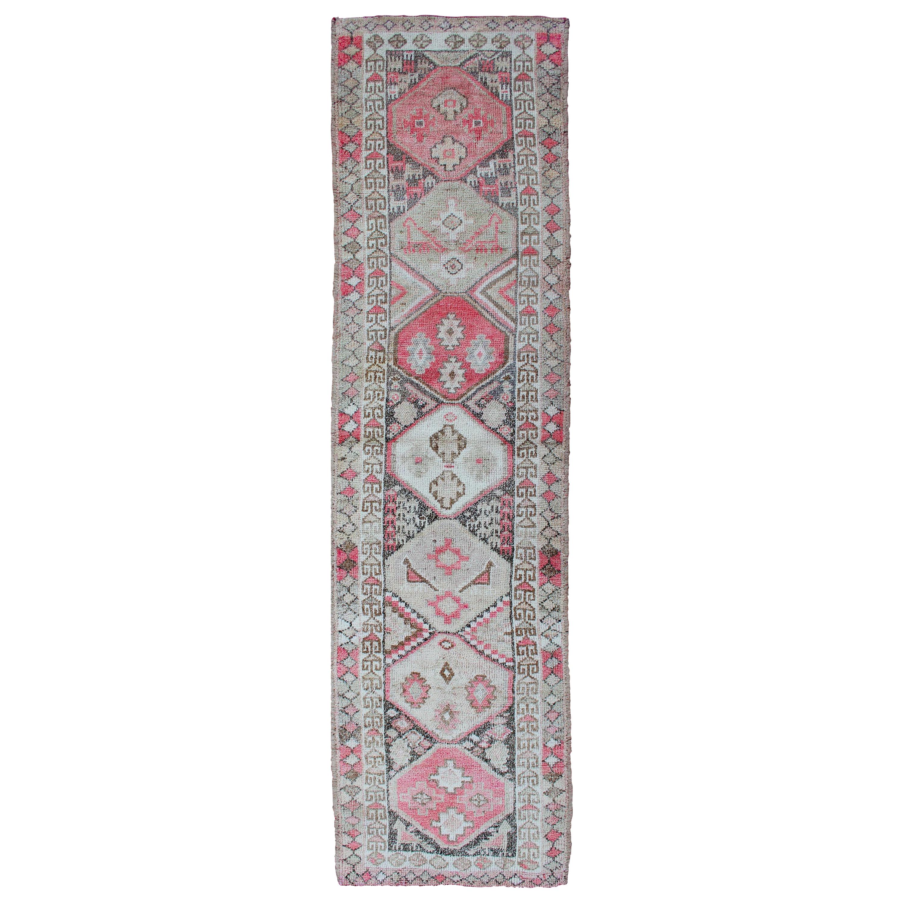 Vintage Turkish Oushak Runner with Geometric Design in Charcoal, Pink, L.Green