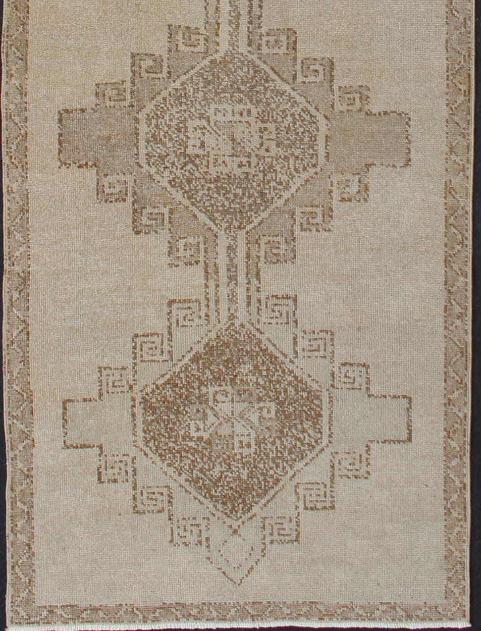Hand-Knotted Vintage Turkish Oushak Runner with Geometric Design in Tan, L.Brown and Taupe For Sale