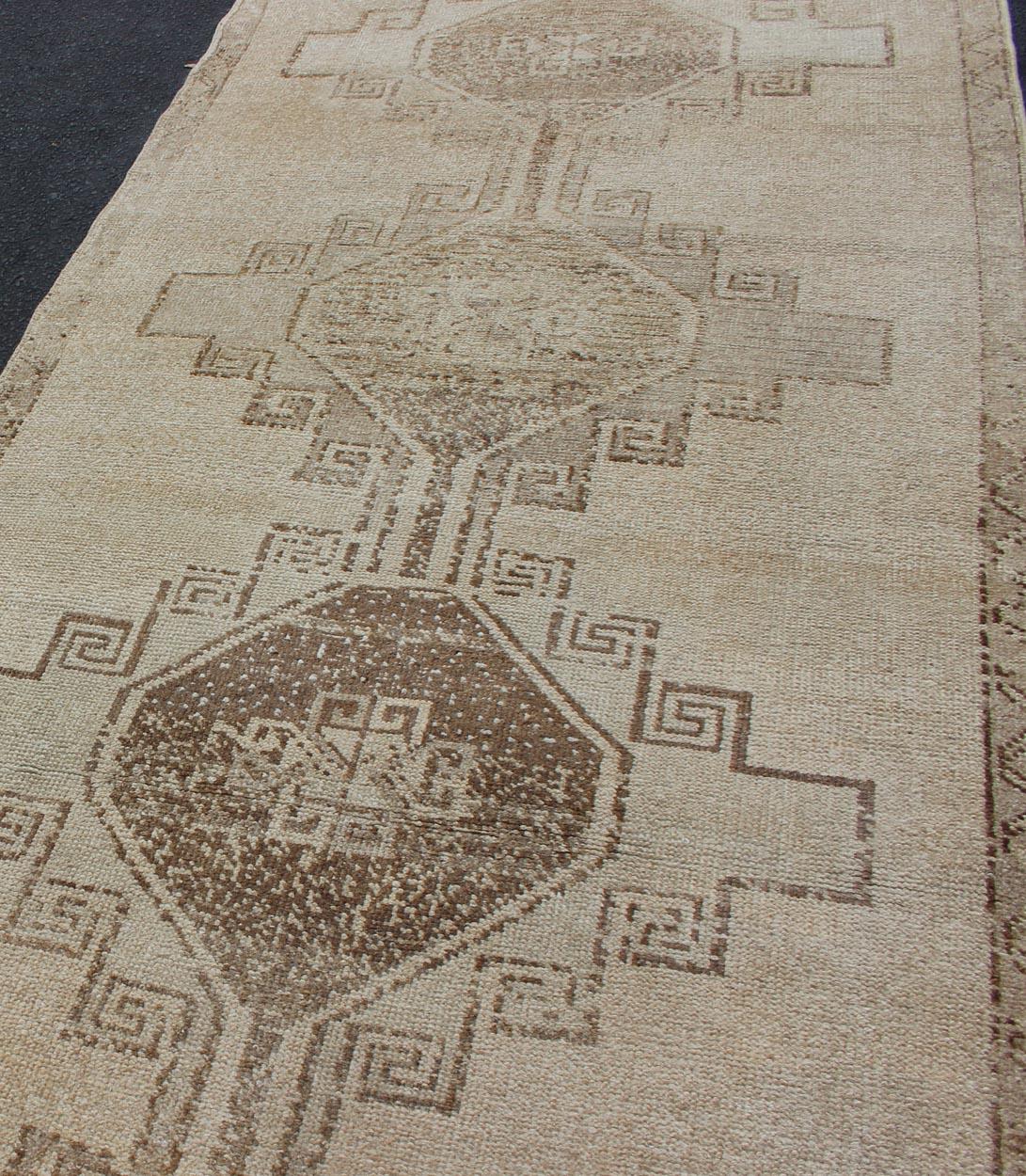 20th Century Vintage Turkish Oushak Runner with Geometric Design in Tan, L.Brown and Taupe For Sale
