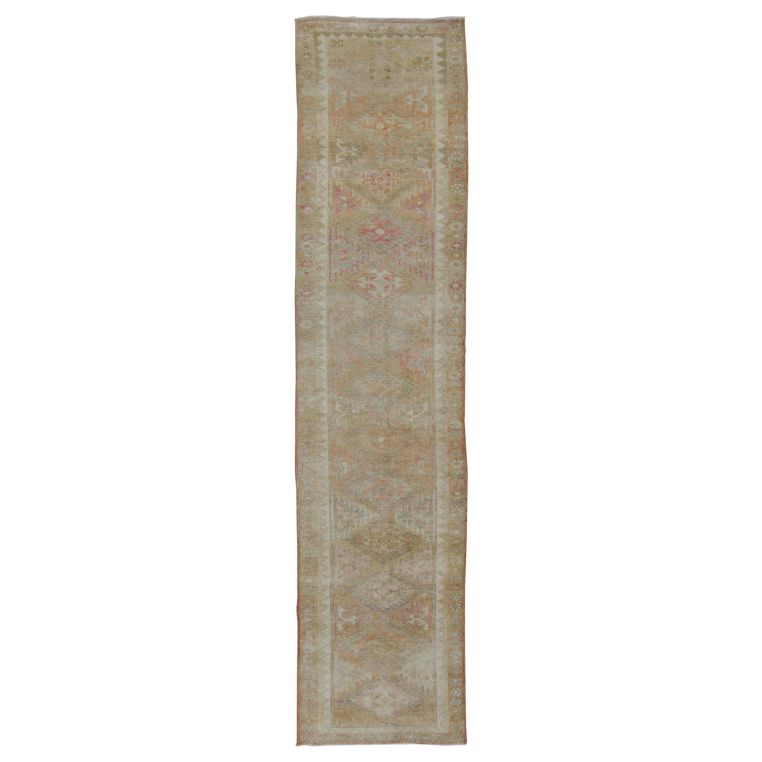 Vintage Turkish Oushak Runner with Geometric Medallion Design in Muted Orange