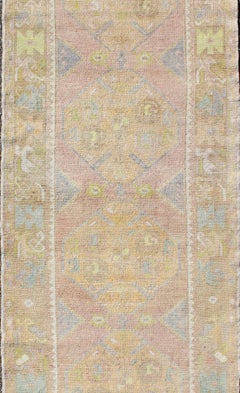 Vintage Turkish Oushak Runner with Geometric Medallions in Light Blue and Yellow