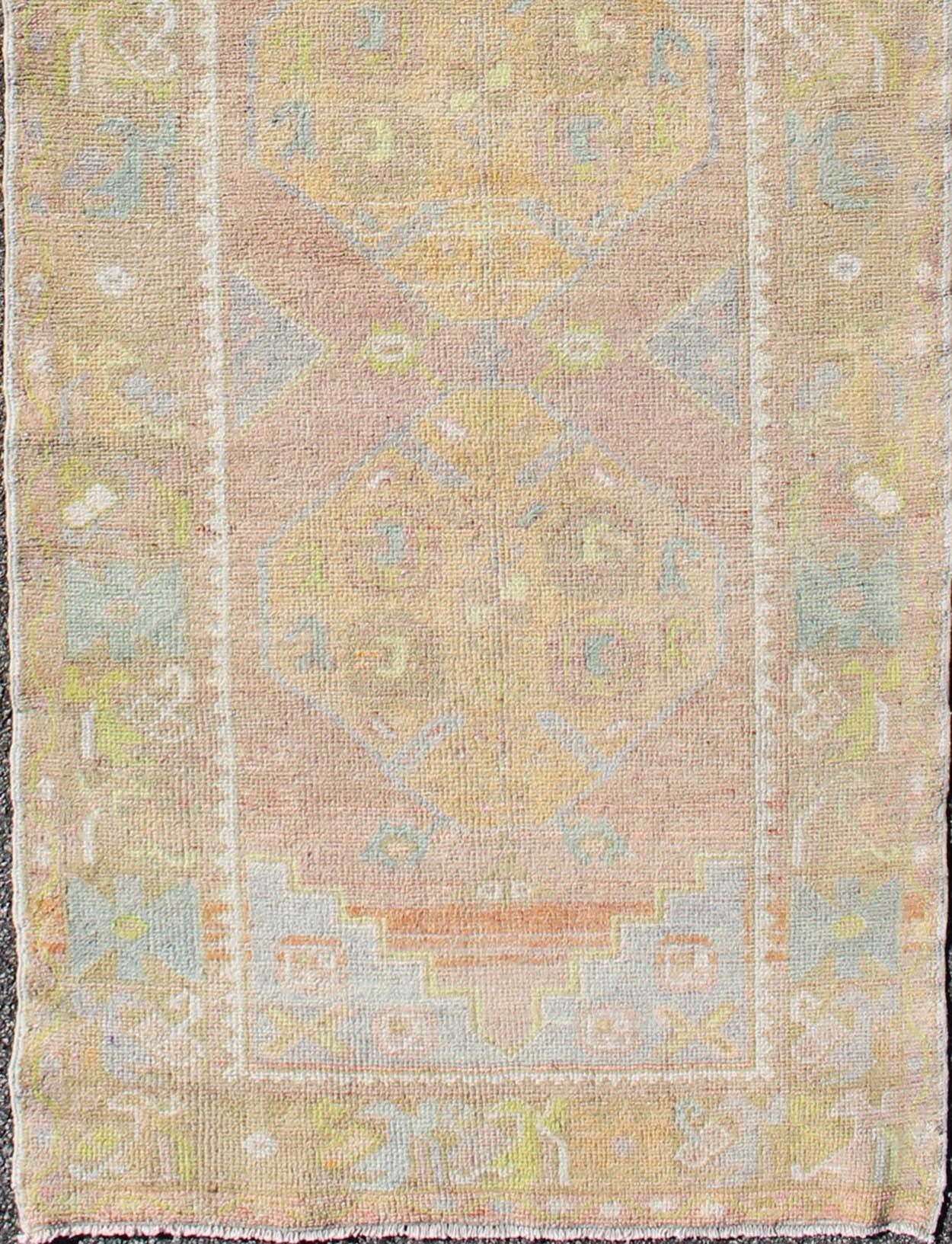 Hand-Knotted Vintage Turkish Oushak Runner with Geometric Medallions in Light Blue and Yellow For Sale