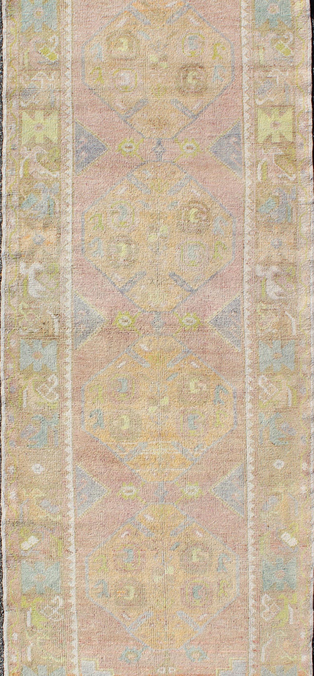 Vintage Turkish Oushak Runner with Geometric Medallions in Light Blue and Yellow In Good Condition For Sale In Atlanta, GA