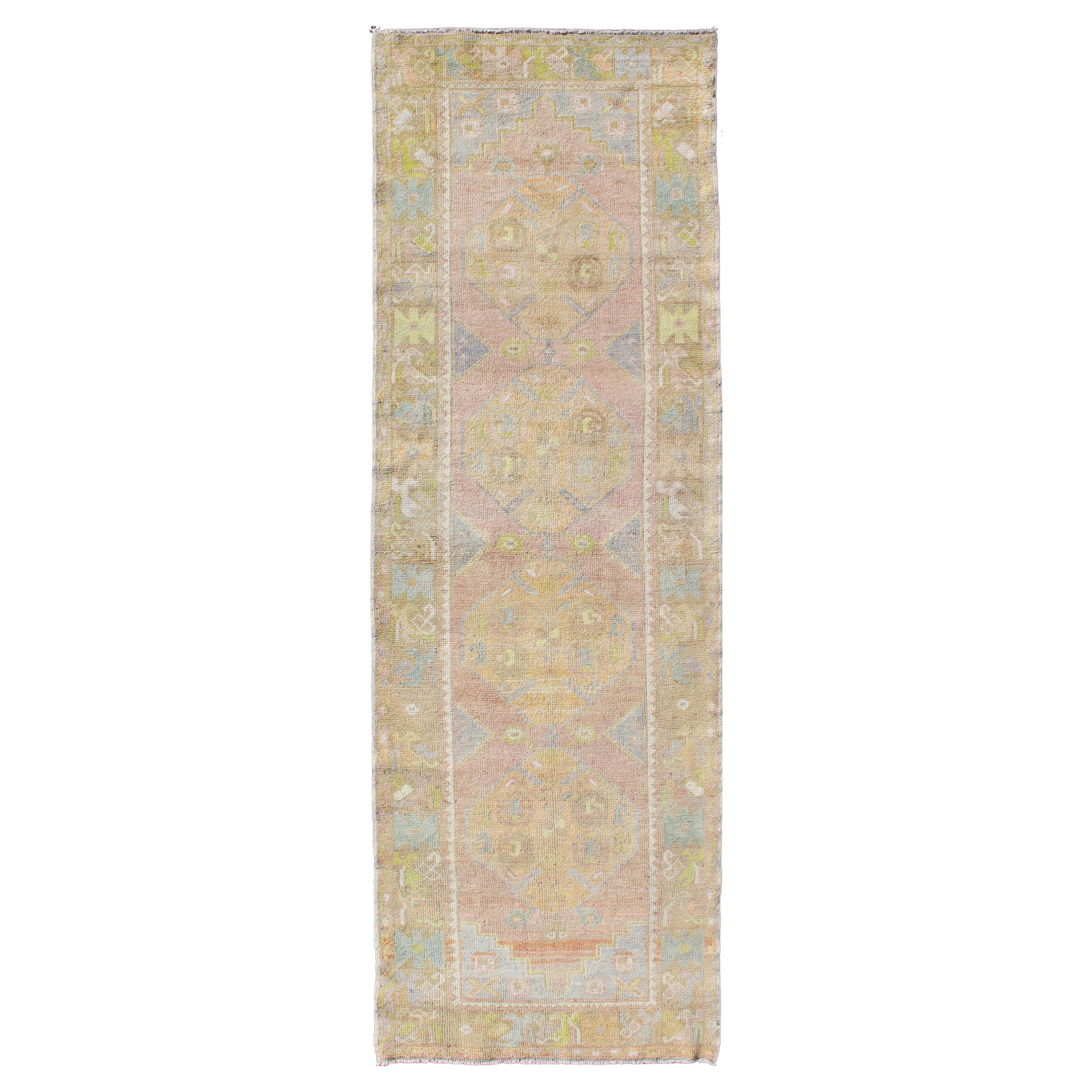 Vintage Turkish Oushak Runner with Geometric Medallions in Light Blue and Yellow For Sale