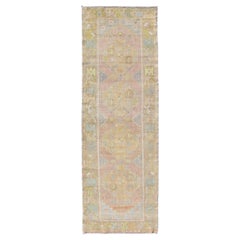Retro Turkish Oushak Runner with Geometric Medallions in Light Blue and Yellow