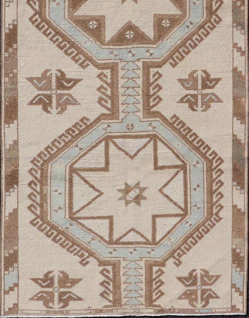 Wool Vintage Turkish Oushak Runner with Geometric Medallions in Neutral Earth Colors For Sale