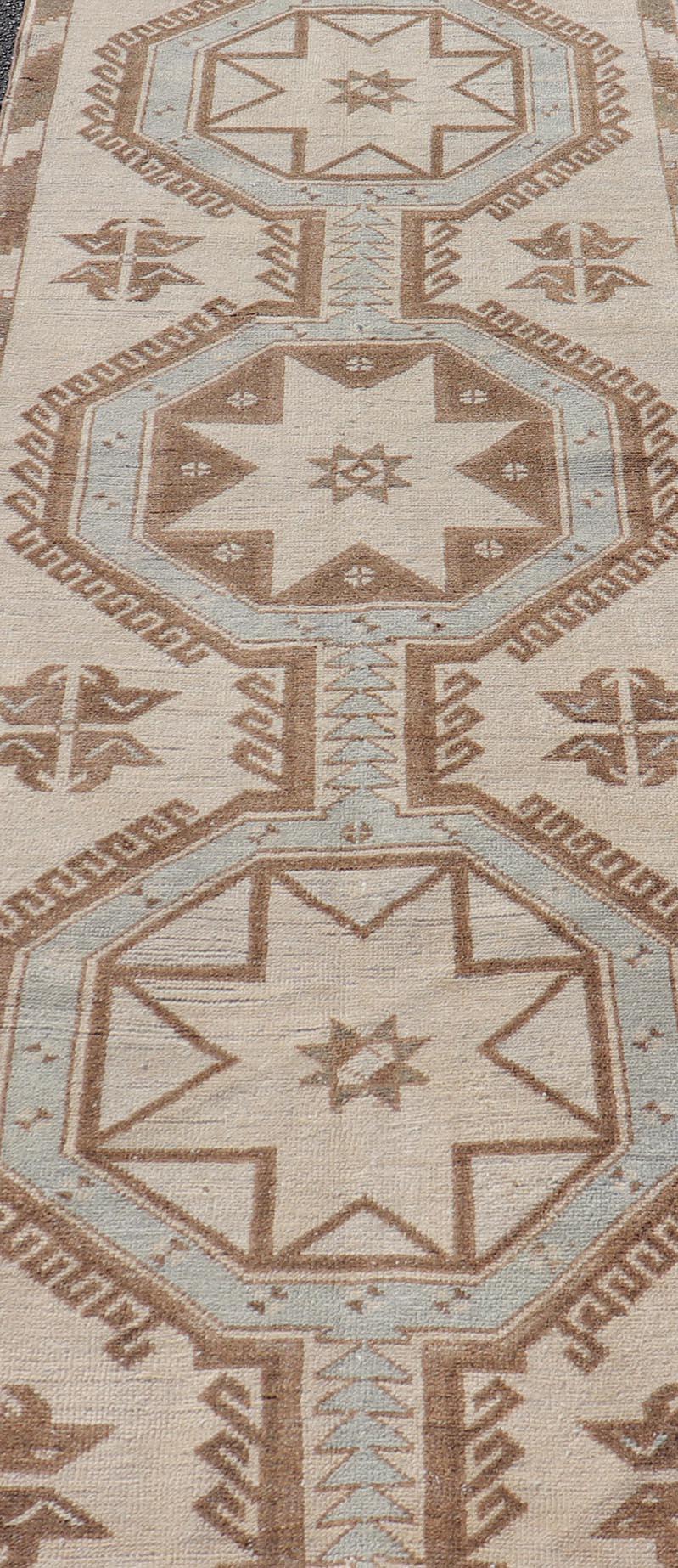 Vintage Turkish Oushak Runner with Geometric Medallions in Neutral Earth Colors For Sale 1
