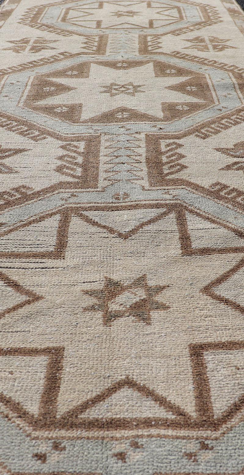 Vintage Turkish Oushak Runner with Geometric Medallions in Neutral Earth Colors For Sale 2