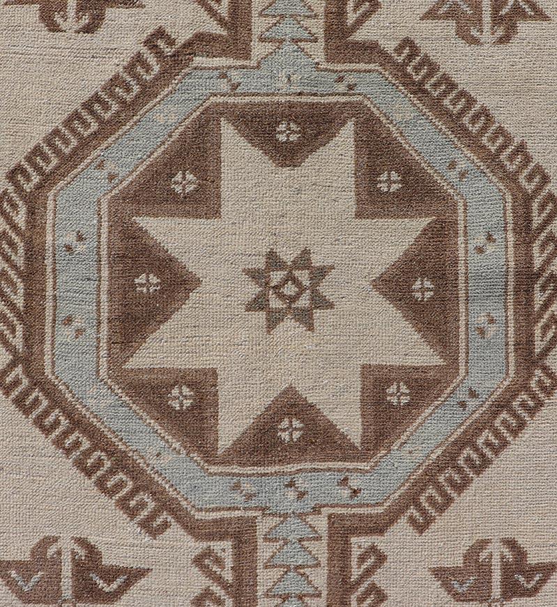Vintage Turkish Oushak Runner with Geometric Medallions in Neutral Earth Colors For Sale 3