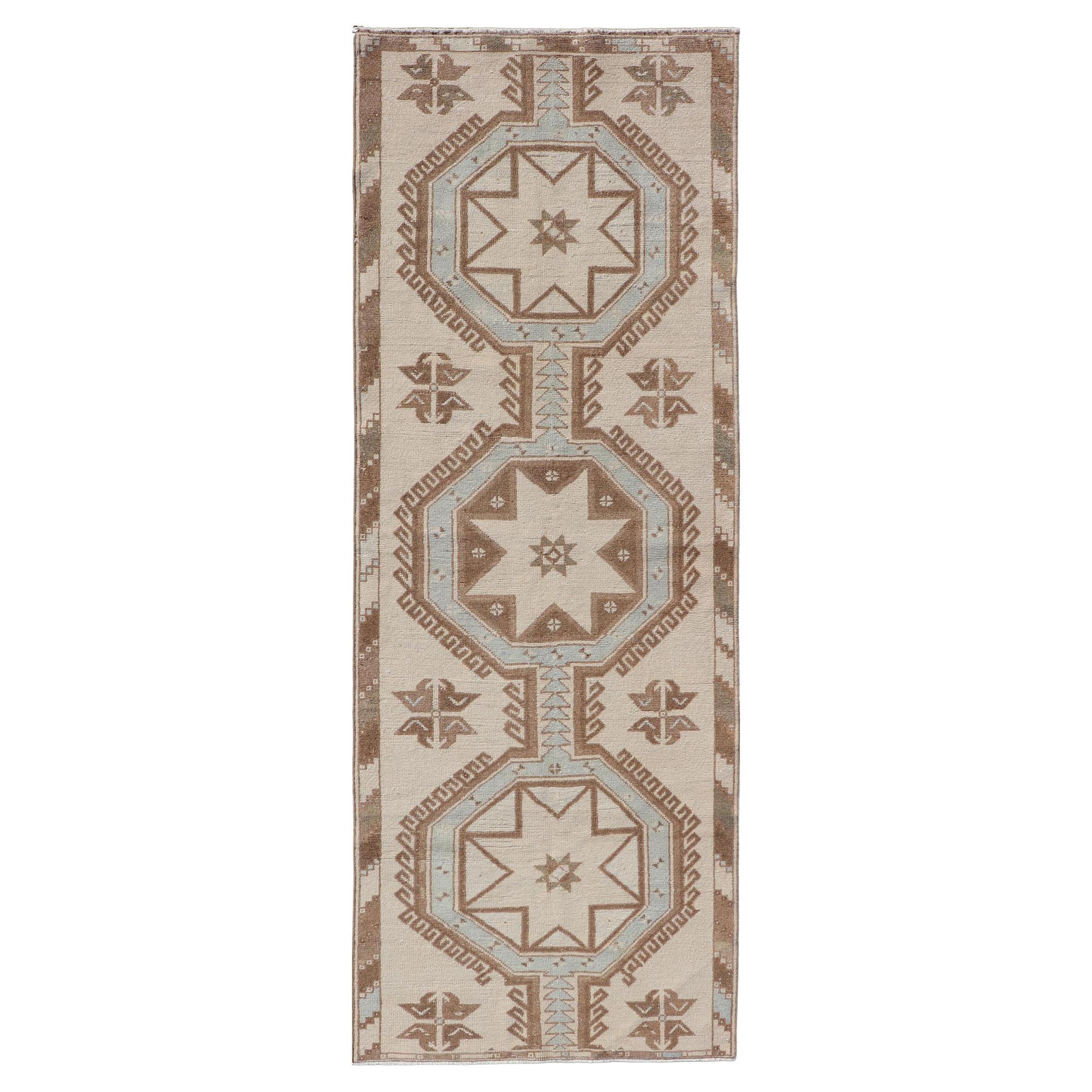 Vintage Turkish Oushak Runner with Geometric Medallions in Neutral Earth Colors