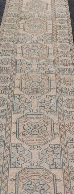 Vintage Turkish Oushak Runner With Geometric Medallions in Soft Color 2'6 x 11'2