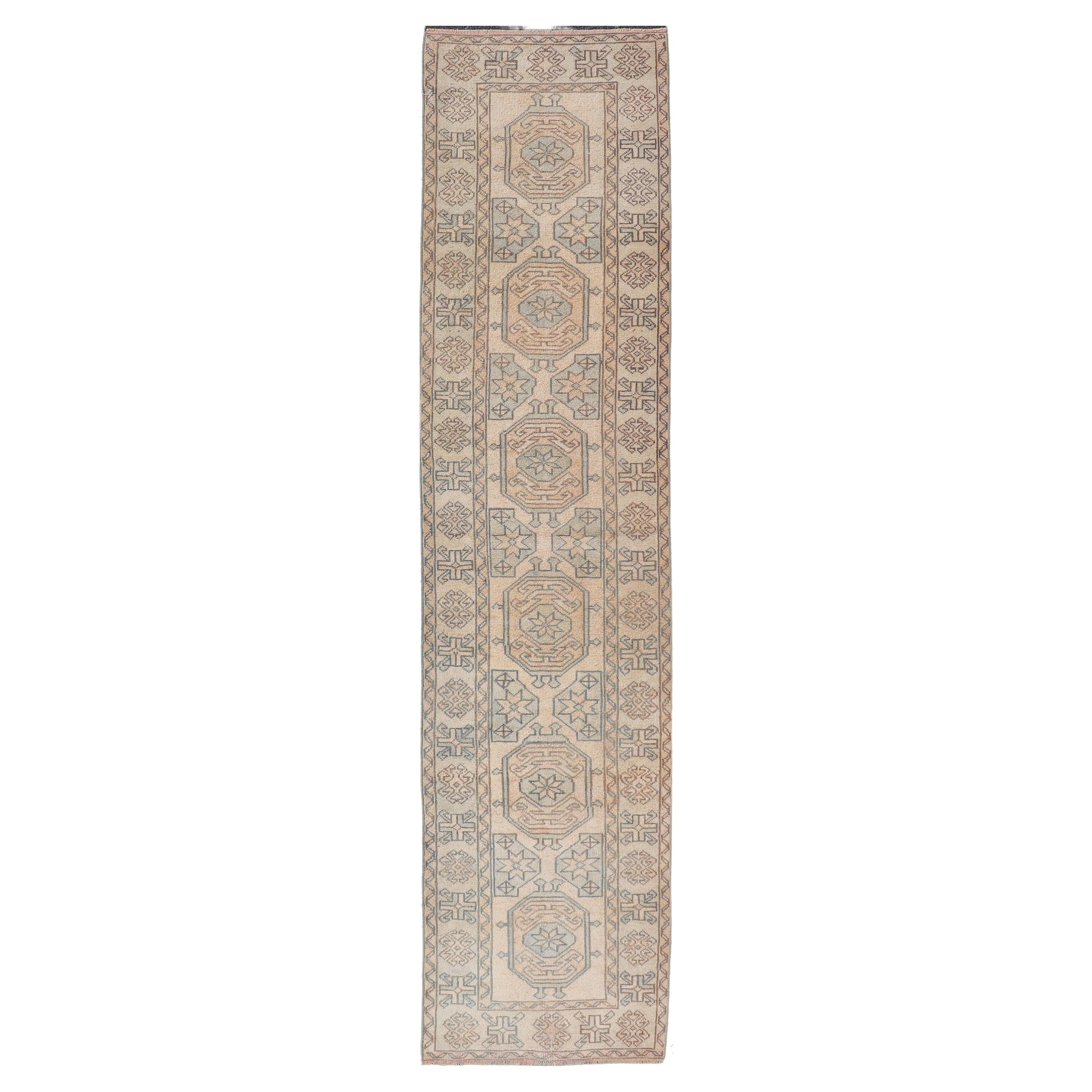 Vintage Turkish Oushak Runner With Geometric Medallions in Soft Color 2'6 x 11'2