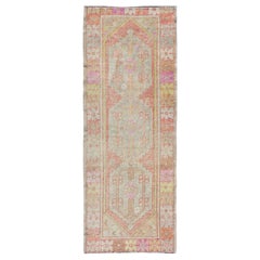 Vintage Turkish Oushak Runner with Geometric Medallions in Soft Multi Colors