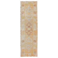 Vintage Turkish Oushak Runner with Geometric Medallions in Light Blue , Orange