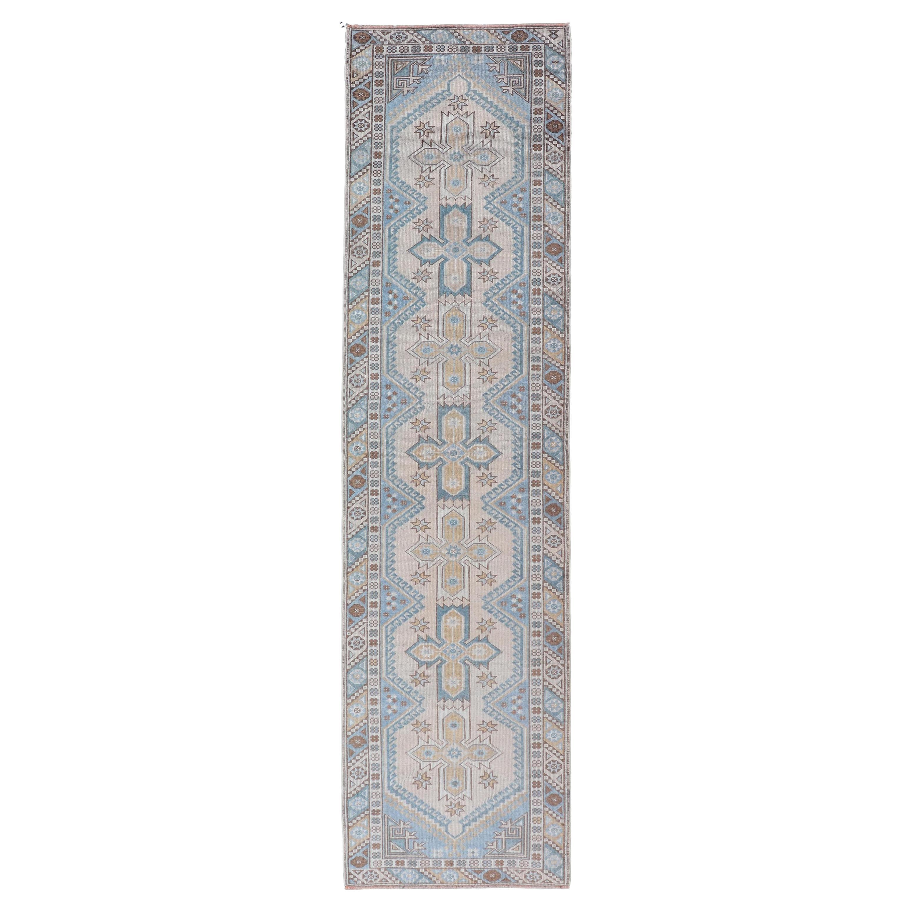Vintage Turkish Oushak Runner with Geometric Patterns 2'7" x 10'3"
