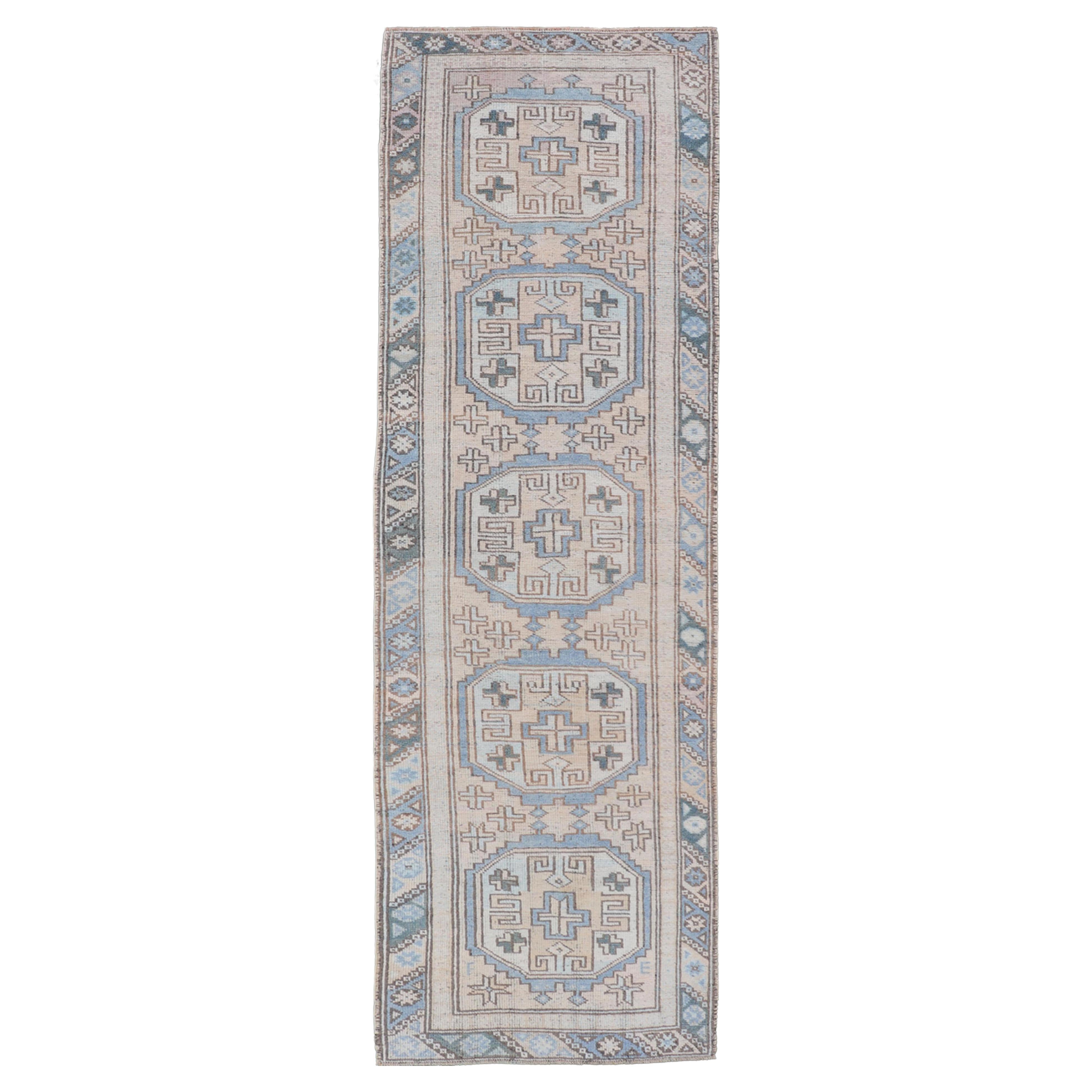 Vintage Turkish Oushak Runner with Intricate Geometric Motifs in Blue and Beige