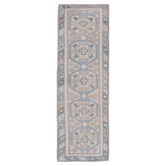 Vintage Turkish Oushak Runner with Intricate Geometric Motifs in Blue and Beige