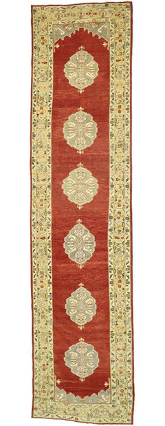 Vintage Turkish Oushak Runner with Jacobean Style, Extra-Long Hallway Runner