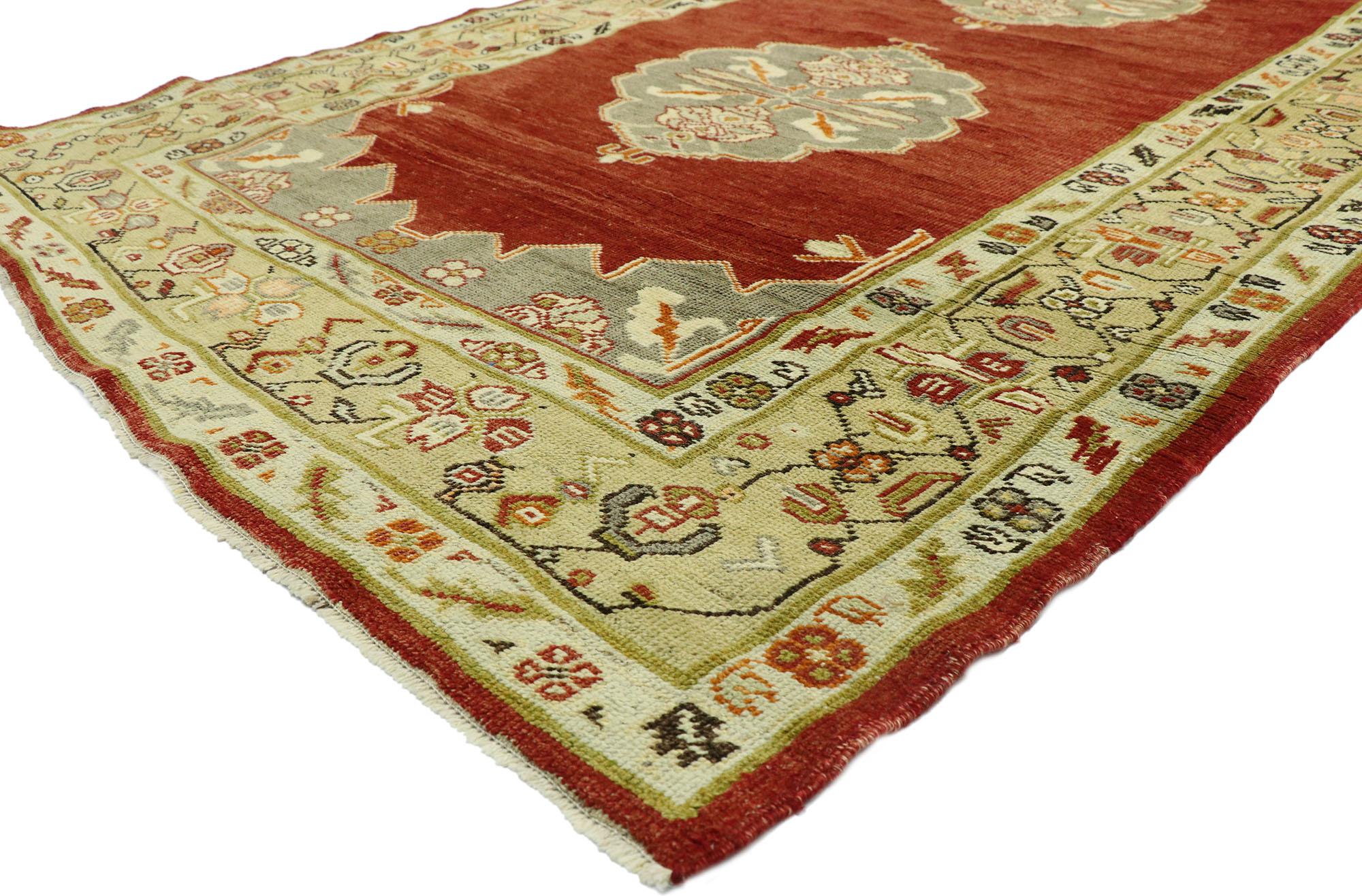 Hand-Knotted Vintage Turkish Oushak Runner with Jacobean Style, Extra-Long Hallway Runner For Sale