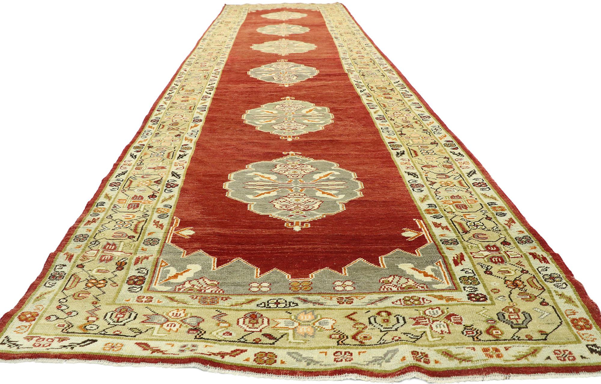 Vintage Turkish Oushak Runner with Jacobean Style, Extra-Long Hallway Runner In Good Condition For Sale In Dallas, TX