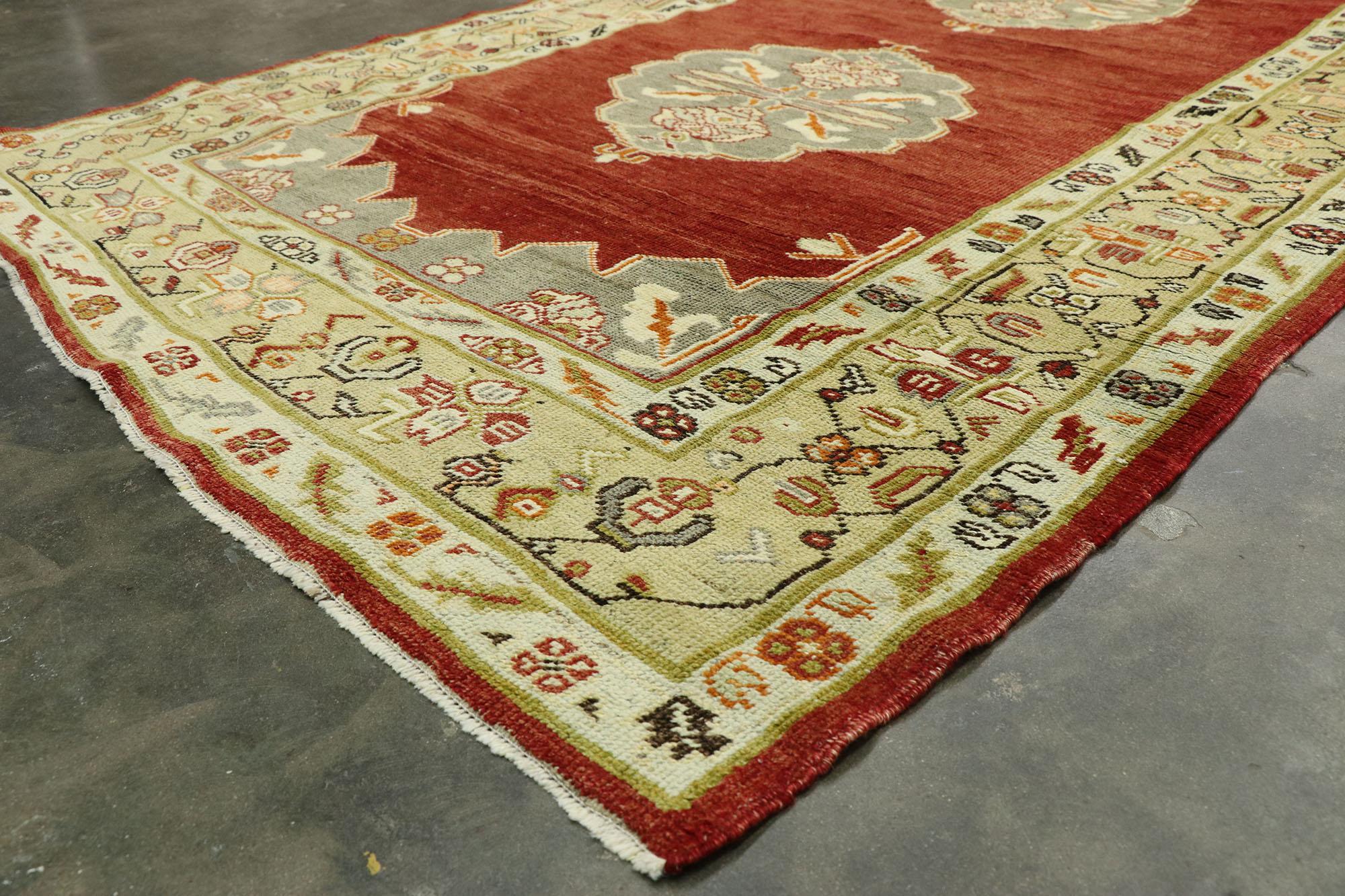 Vintage Turkish Oushak Runner with Jacobean Style, Extra-Long Hallway Runner For Sale 1