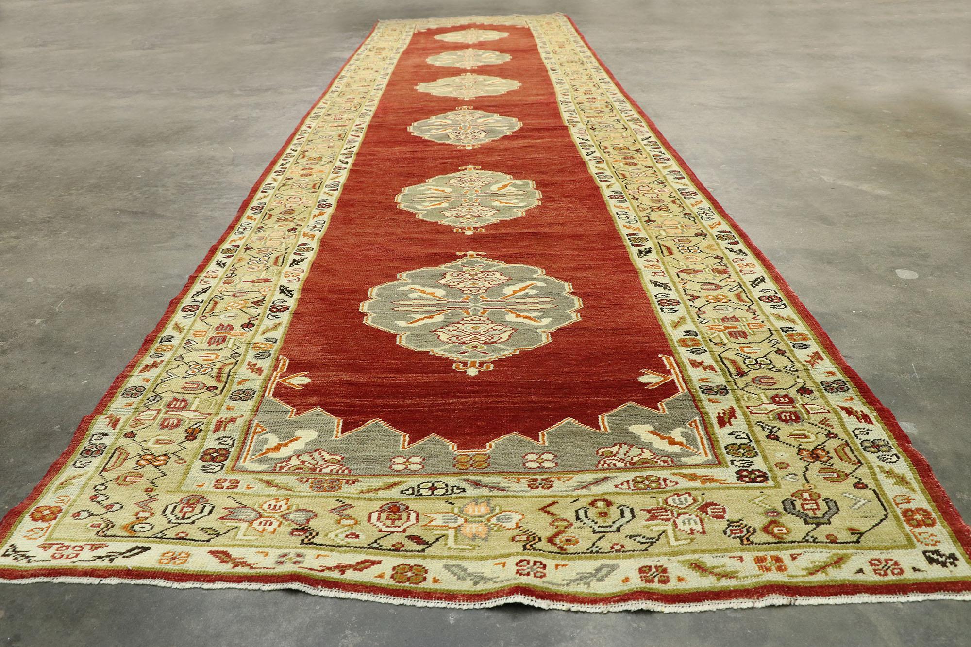 Vintage Turkish Oushak Runner with Jacobean Style, Extra-Long Hallway Runner For Sale 2