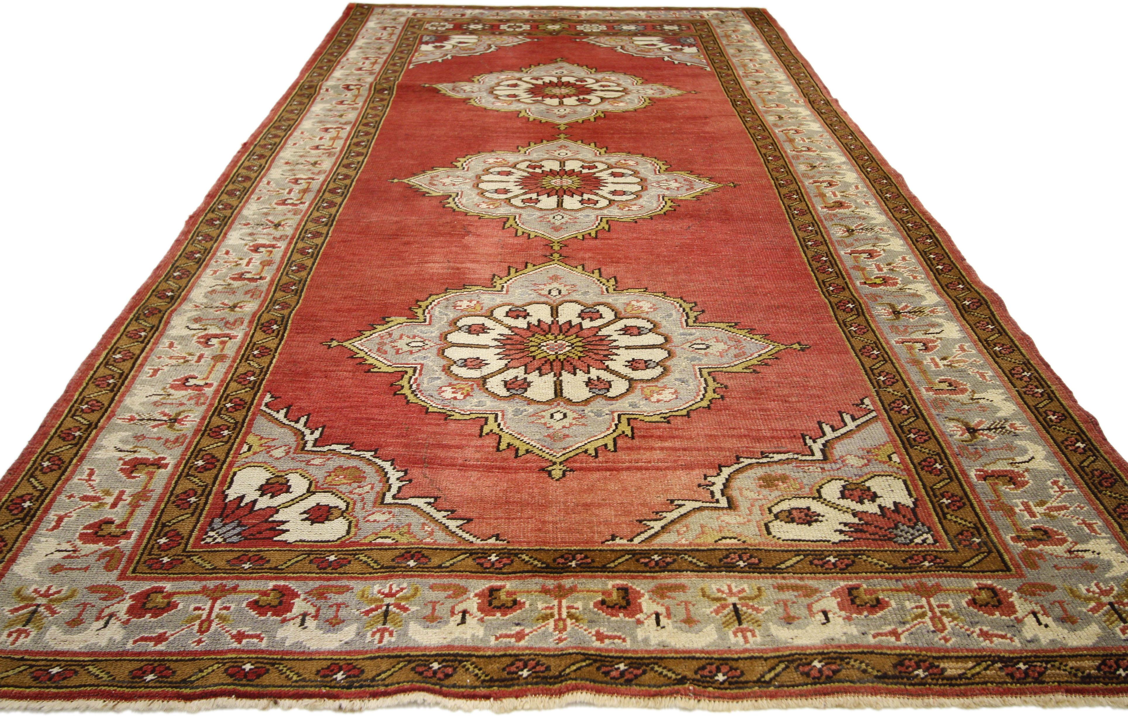Hand-Knotted Vintage Turkish Oushak Runner with Jacobean Tudor Style, Hallway Runner For Sale