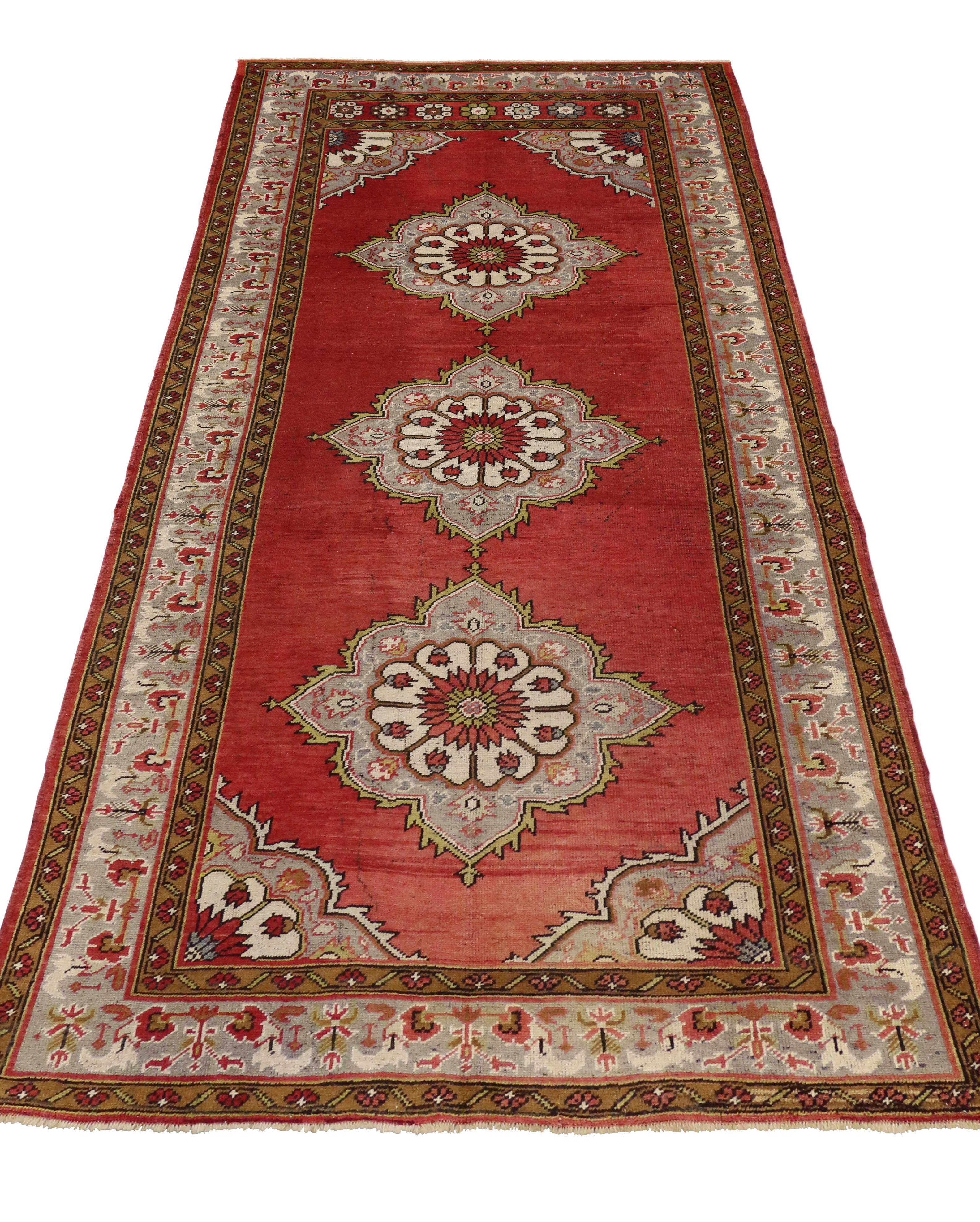 Vintage Turkish Oushak Runner with Jacobean Tudor Style, Hallway Runner For Sale 2