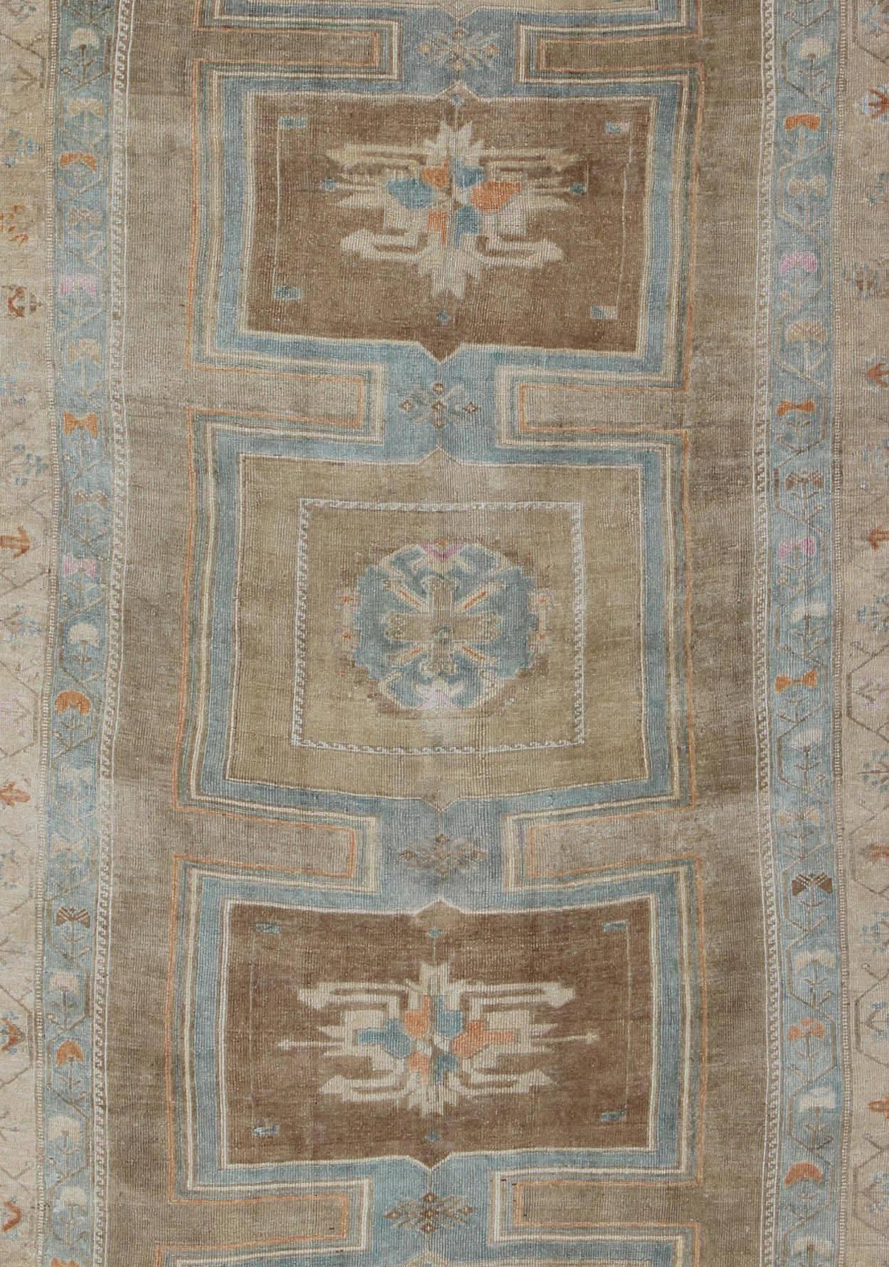 Hand-Knotted Vintage Turkish Oushak Runner with Large Scale Geometric-Tribal Motifs