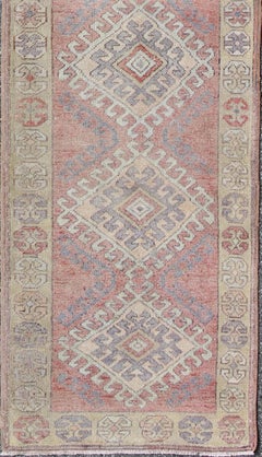 Vintage Turkish Oushak Runner in Soft Rose, Pale Blue, and Faded Ivory