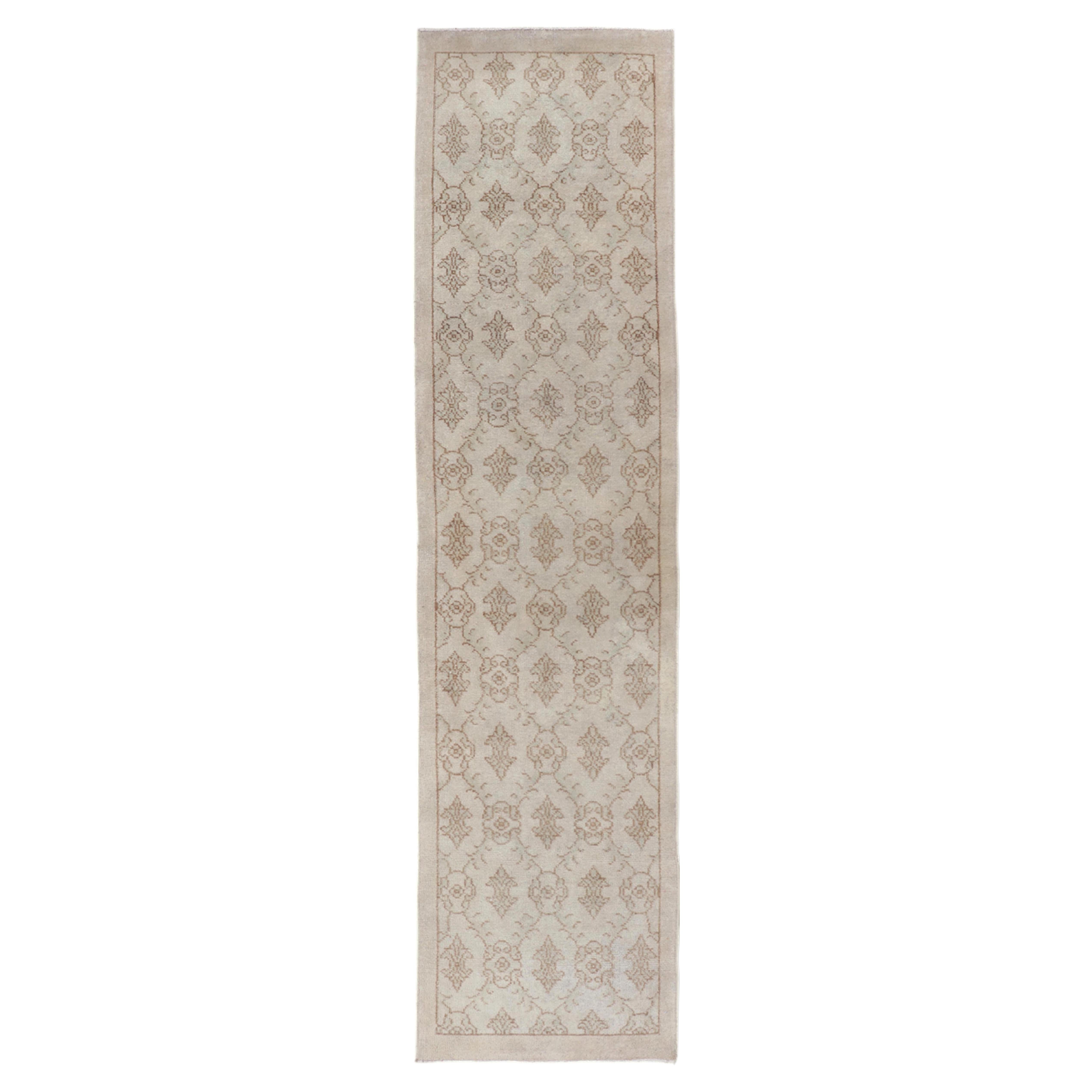 Vintage Turkish Oushak Runner with Light Brown All-Over Latticework Design