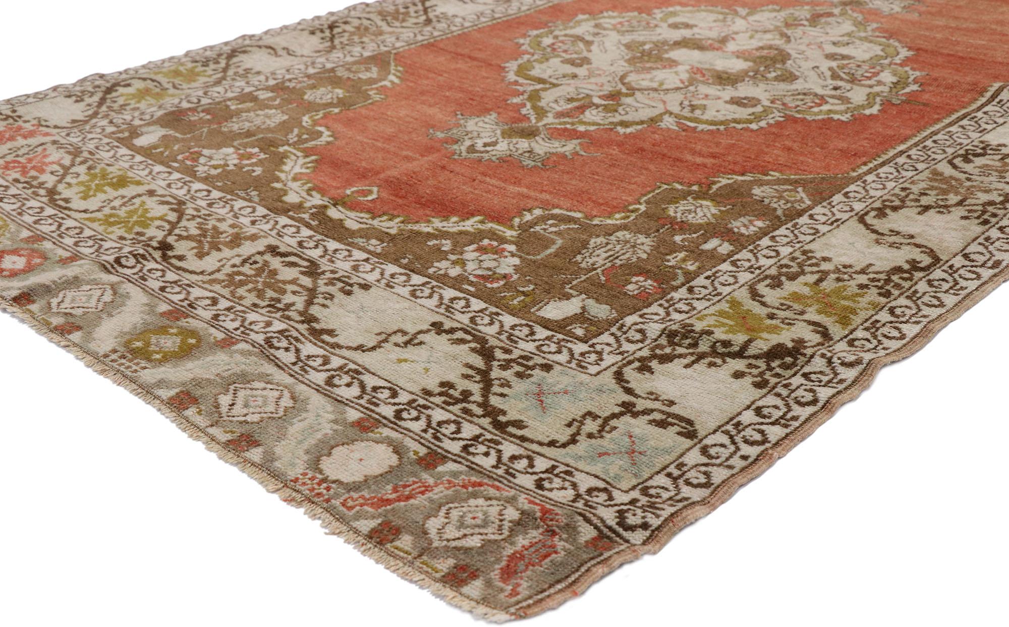 52741 Vintage Turkish Oushak Runner with Manor House Tudor Style. Romantic Rusticity meets timeless Tudor style in this hand knotted wool vintage Turkish Oushak runner. Three large scale medallions patterned with serrated tear drops and leafy